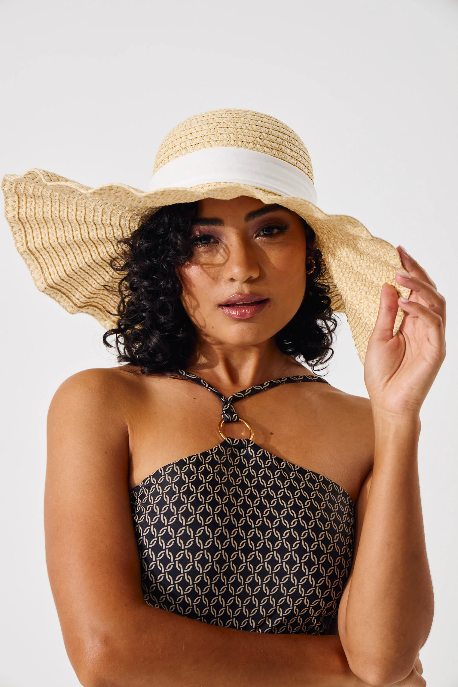 Chiffon Bow Detail Wavy Straw Sun Hat  - Natural - Image 6