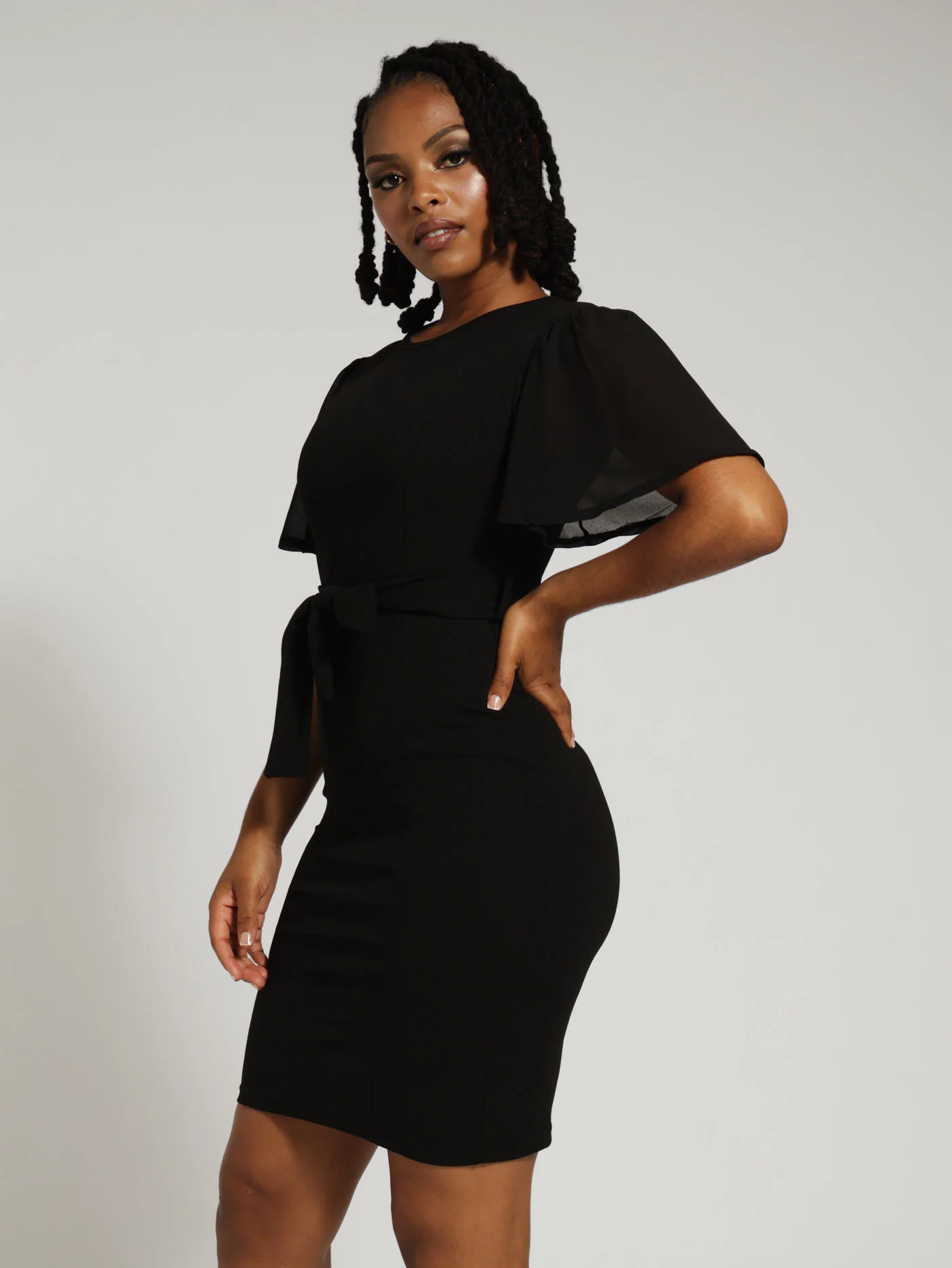 Chiffon Flare Tie Belt Bodycon Dress - Black - Image 2