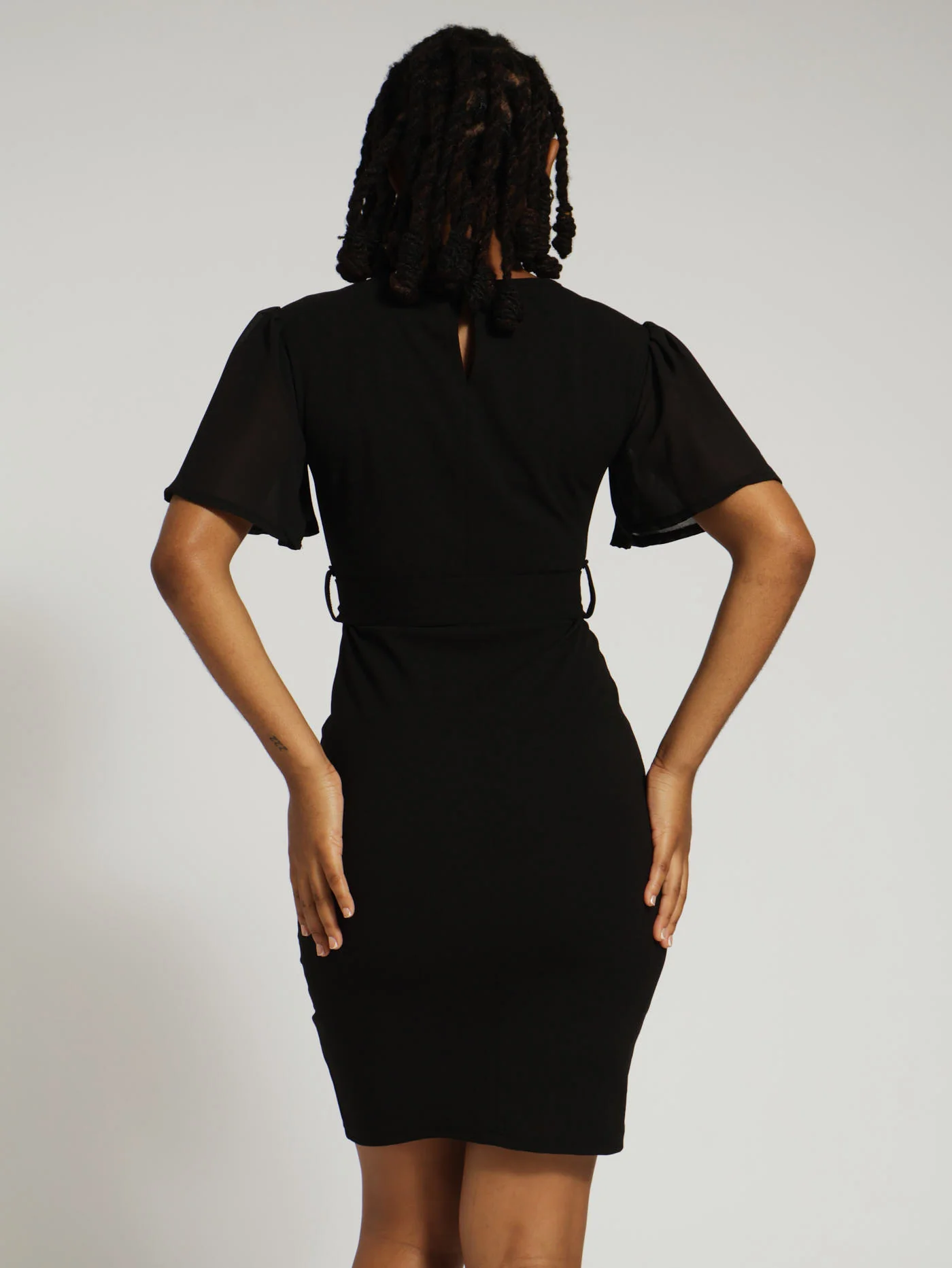 Chiffon Flare Tie Belt Bodycon Dress - Black - Image 3