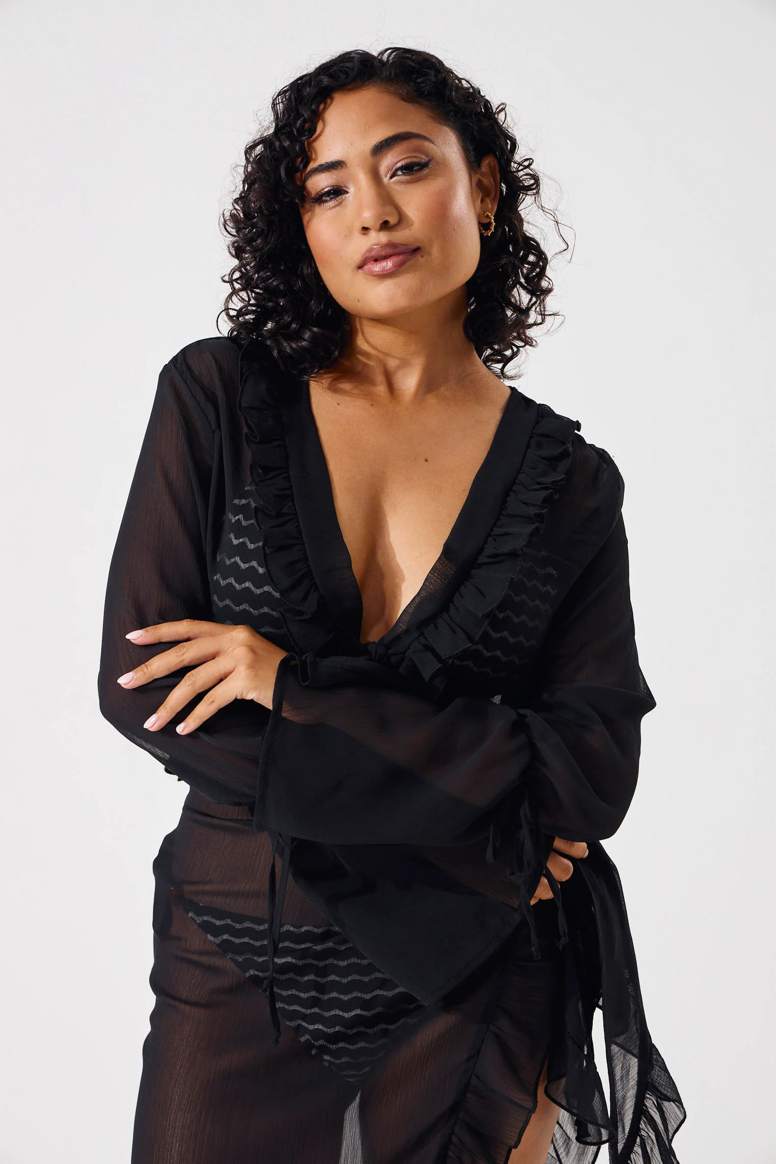 Chiffon Frilled Front Tie Coverup Top - Black - Image 4