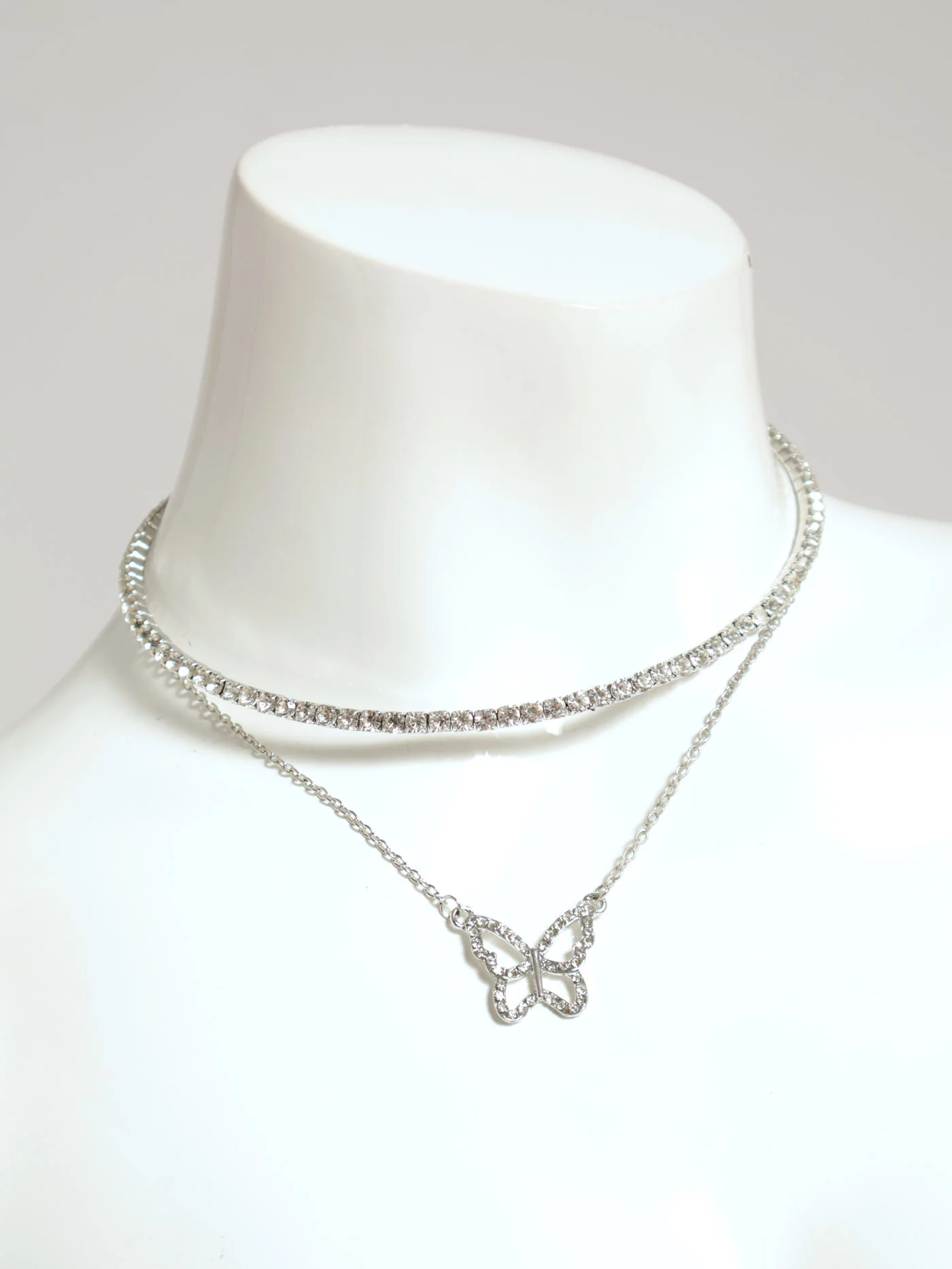 Choker & Butterfly Pendant Necklace - Silver