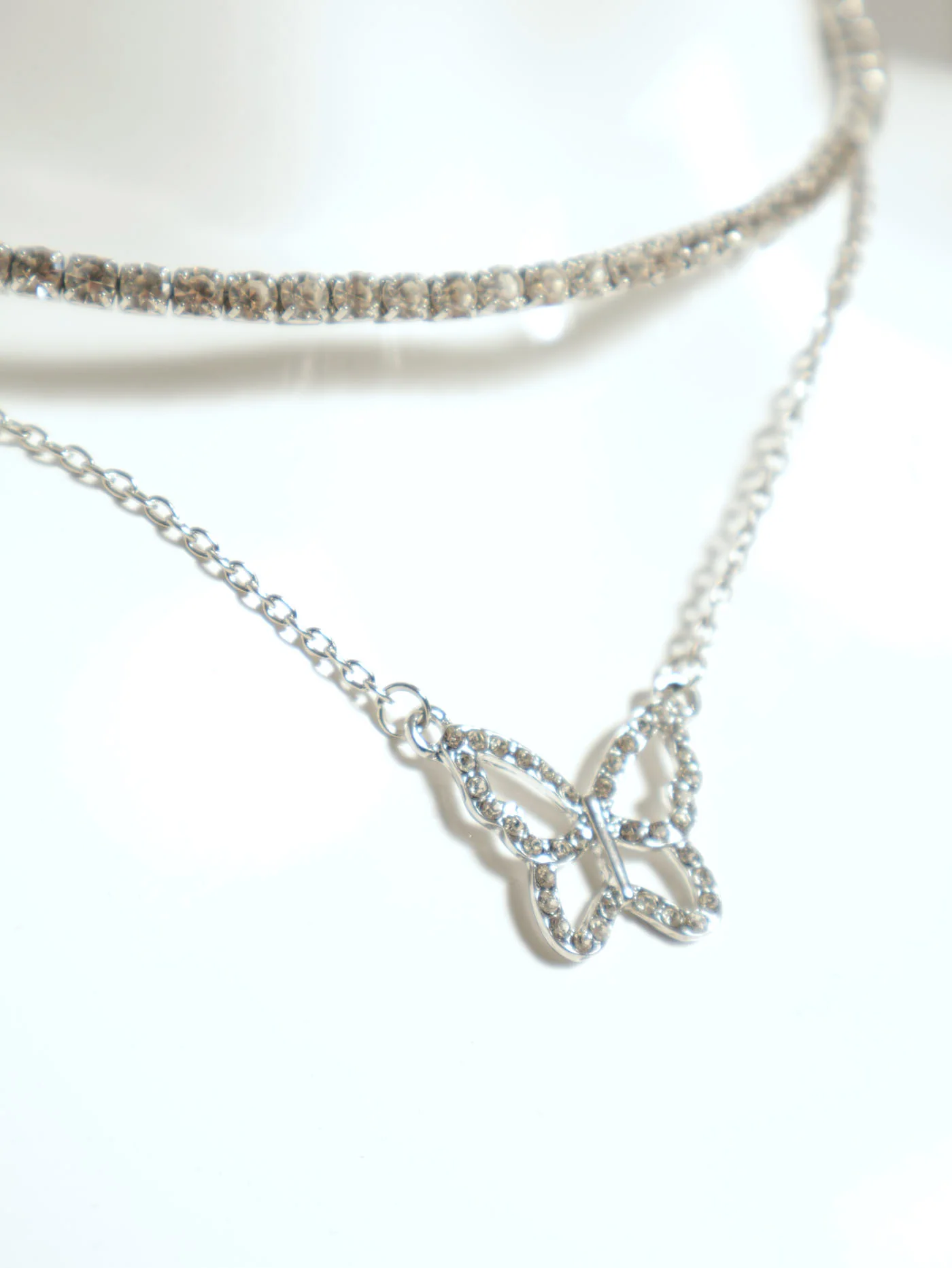 Choker & Butterfly Pendant Necklace - Silver - Image 3