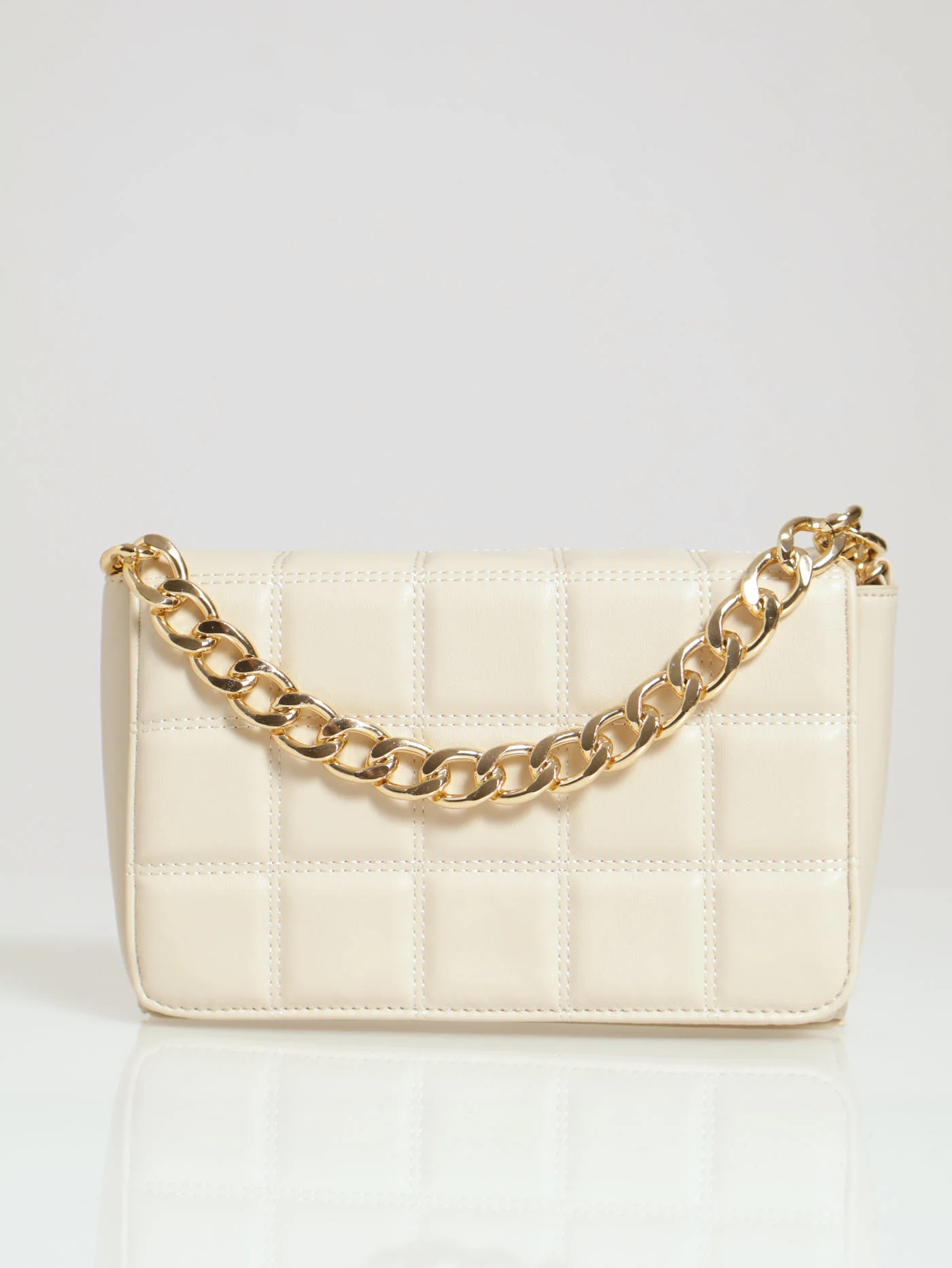 Chunky Chain Trim Rectangular Quilted Satchel - Ivory