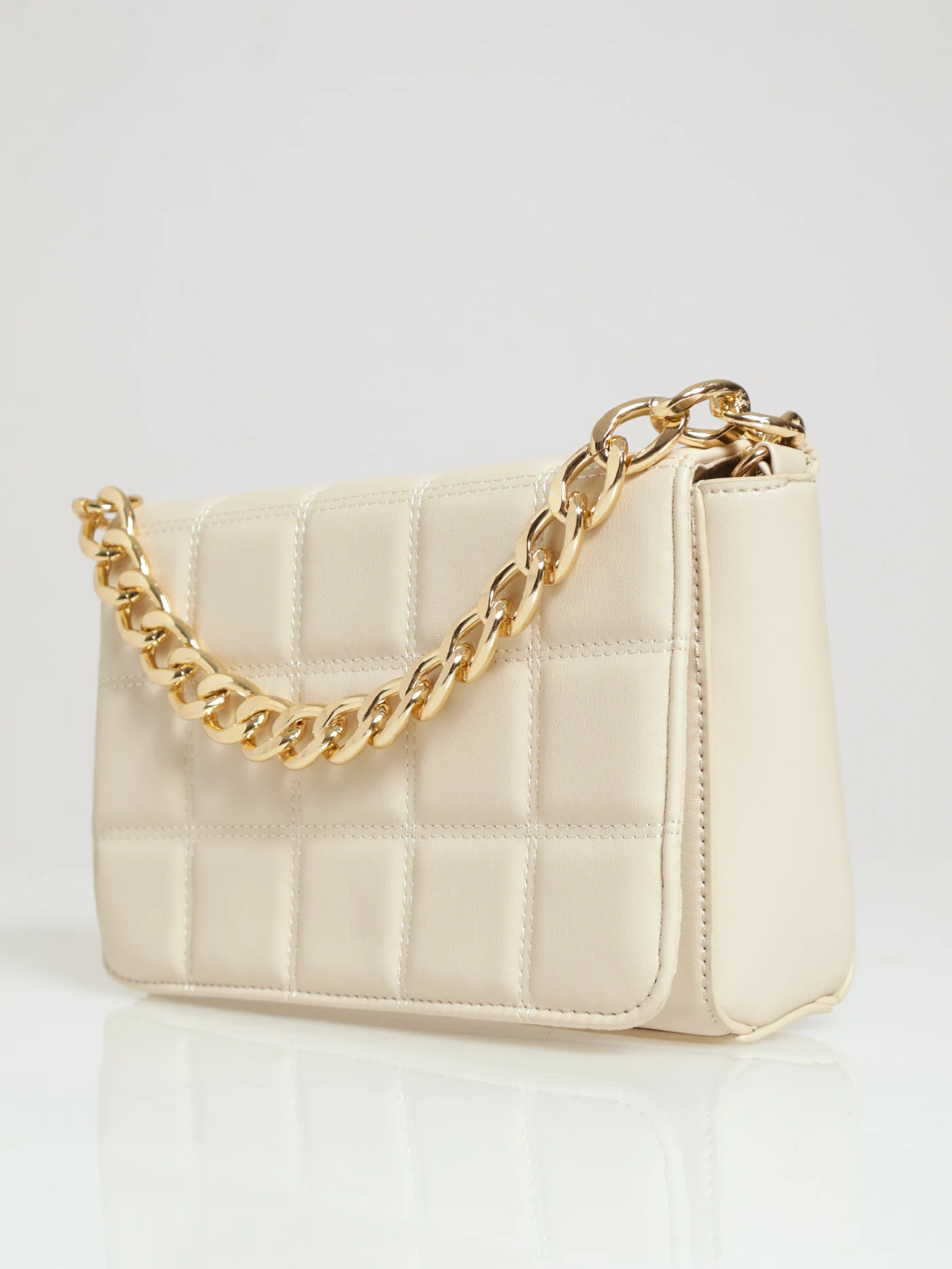 Chunky Chain Trim Rectangular Quilted Satchel - Ivory - Image 3