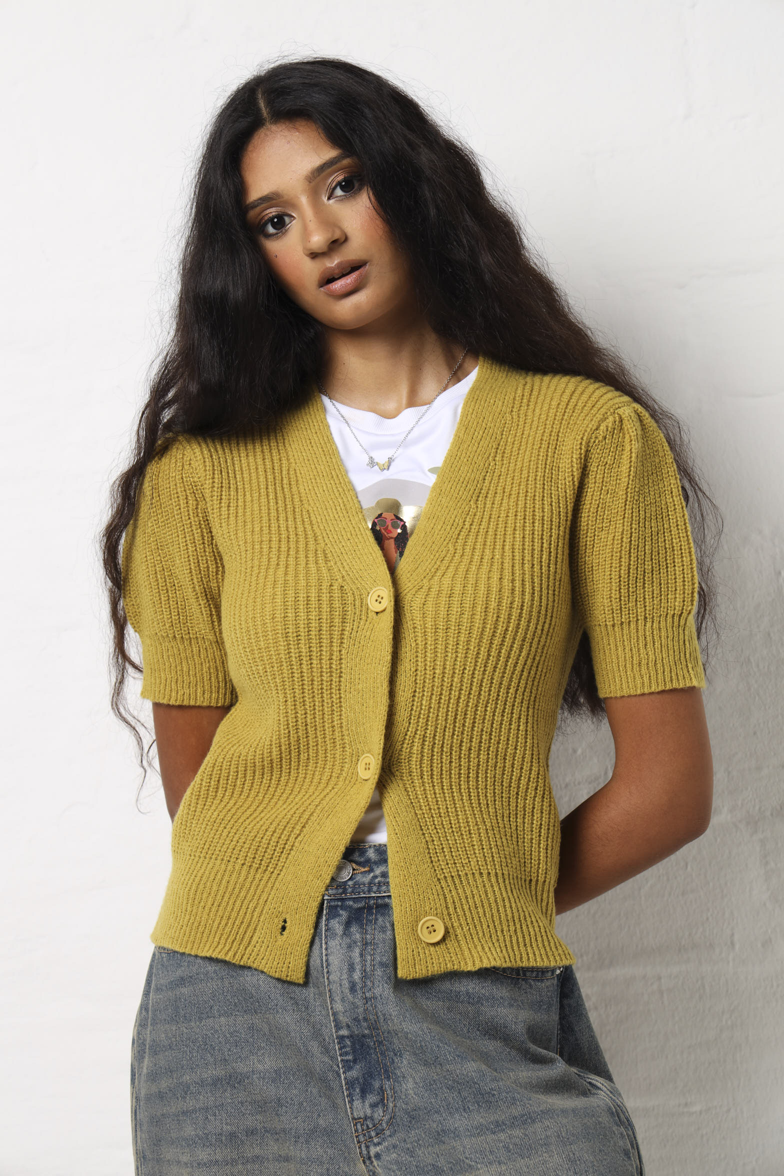 Chunky Short Sleeve Button Cardi - Chartreuse