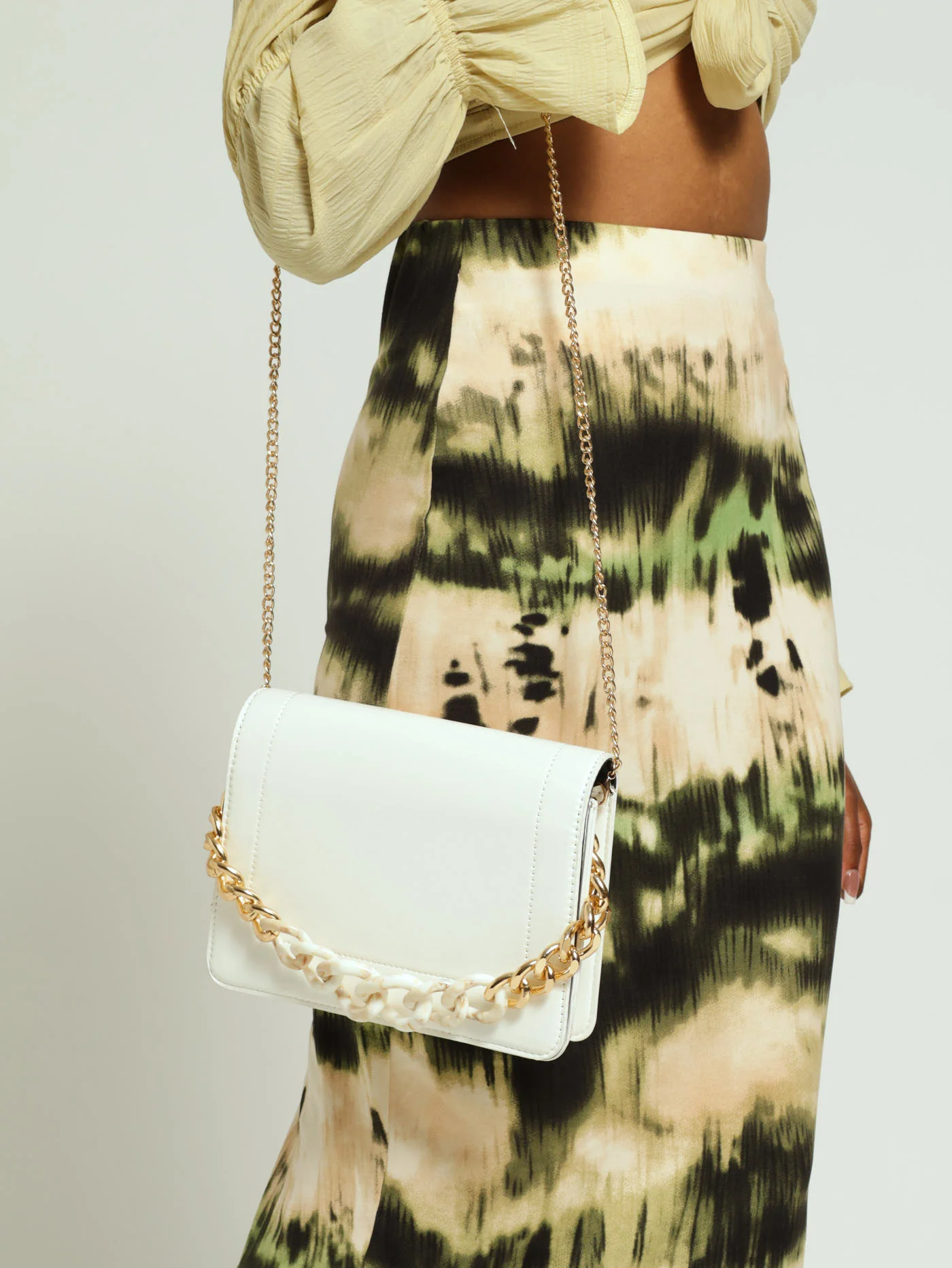Chunky Two Tone Chain Front Satchel - Off White - Image 2