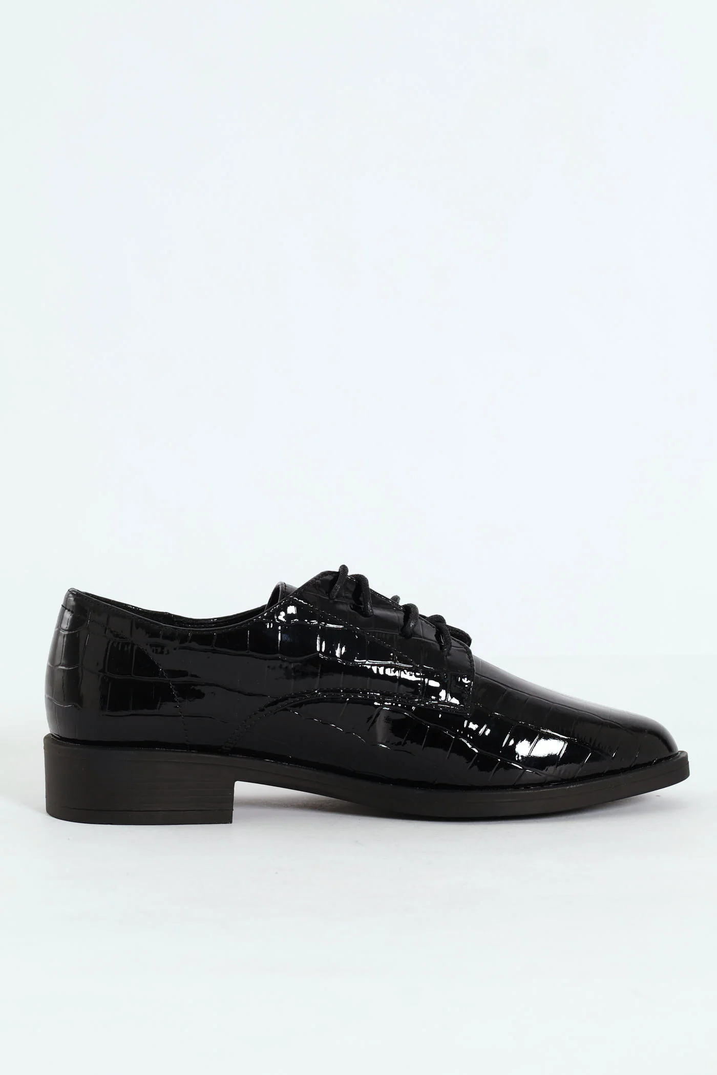 Classic Pointed Croc Patent Lace Up Loafer - Black - Image 2