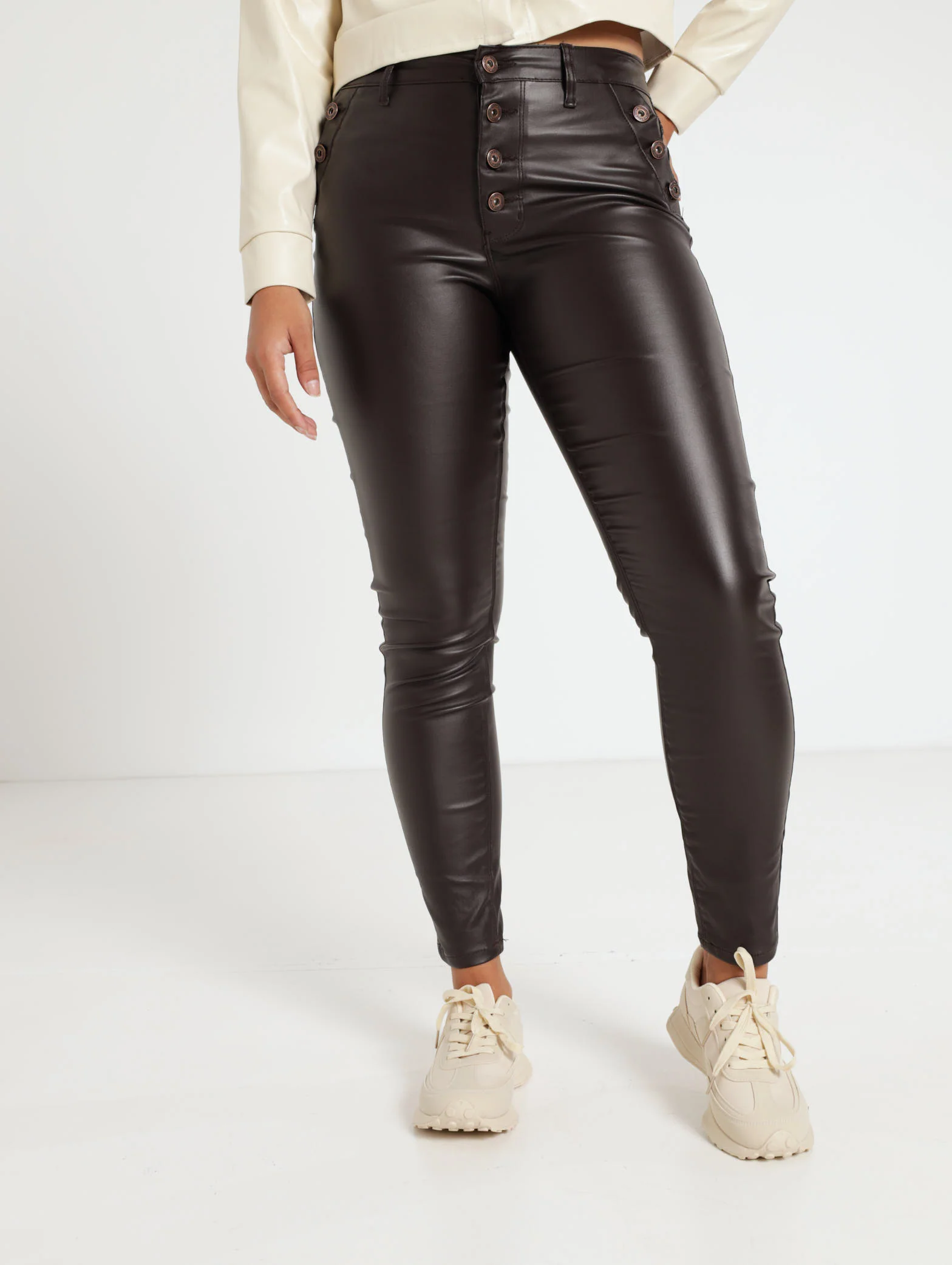 Button Fly & Pocket Coated Skinny Jean
