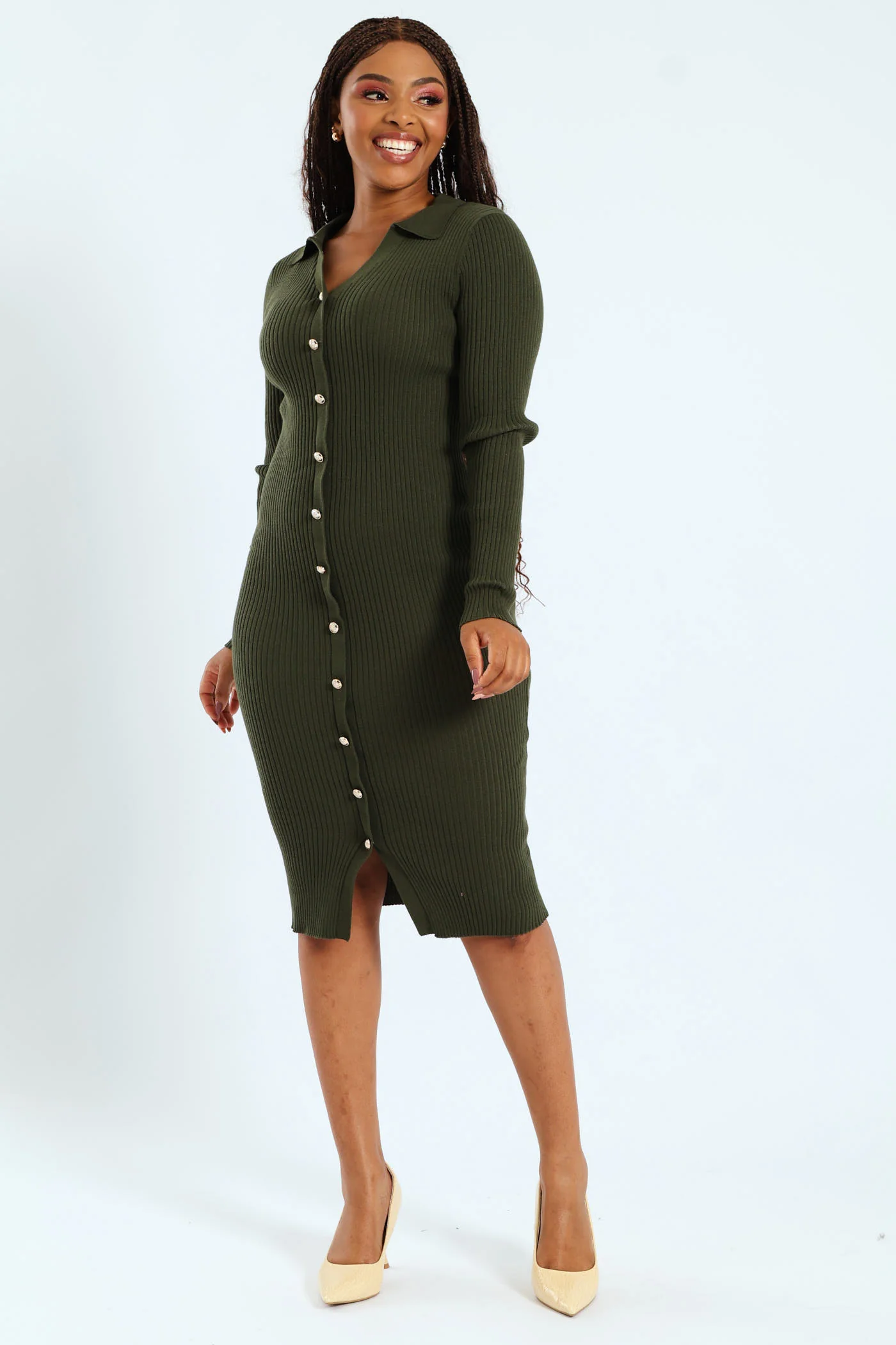 Collared Button Through Rib Midi Long Sleeve Dress - Fatigue