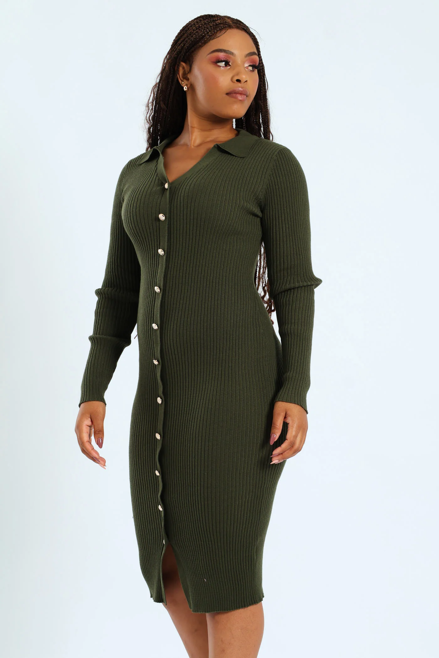 Collared Button Through Rib Midi Long Sleeve Dress - Fatigue - Image 2