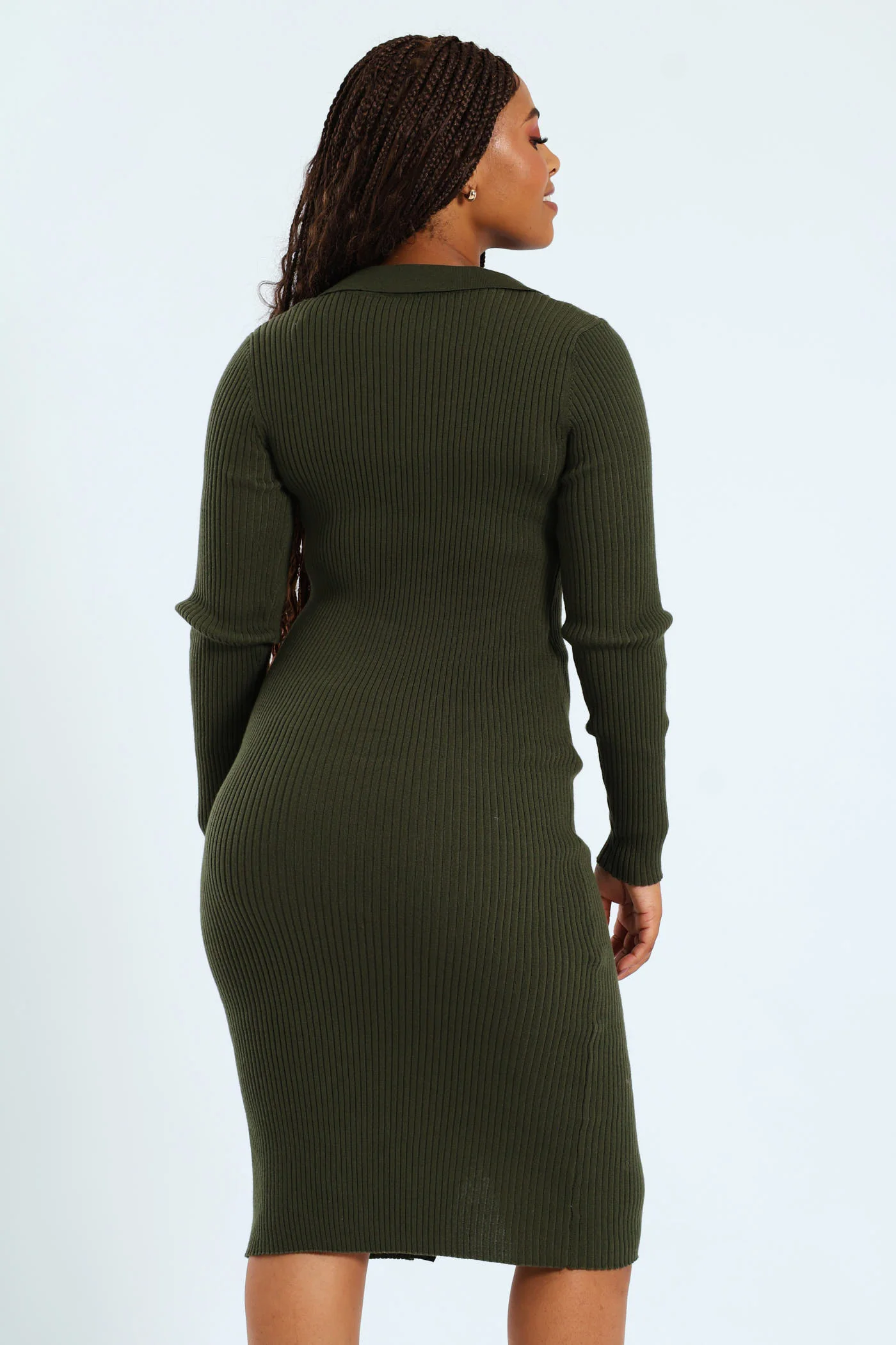 Collared Button Through Rib Midi Long Sleeve Dress - Fatigue - Image 5