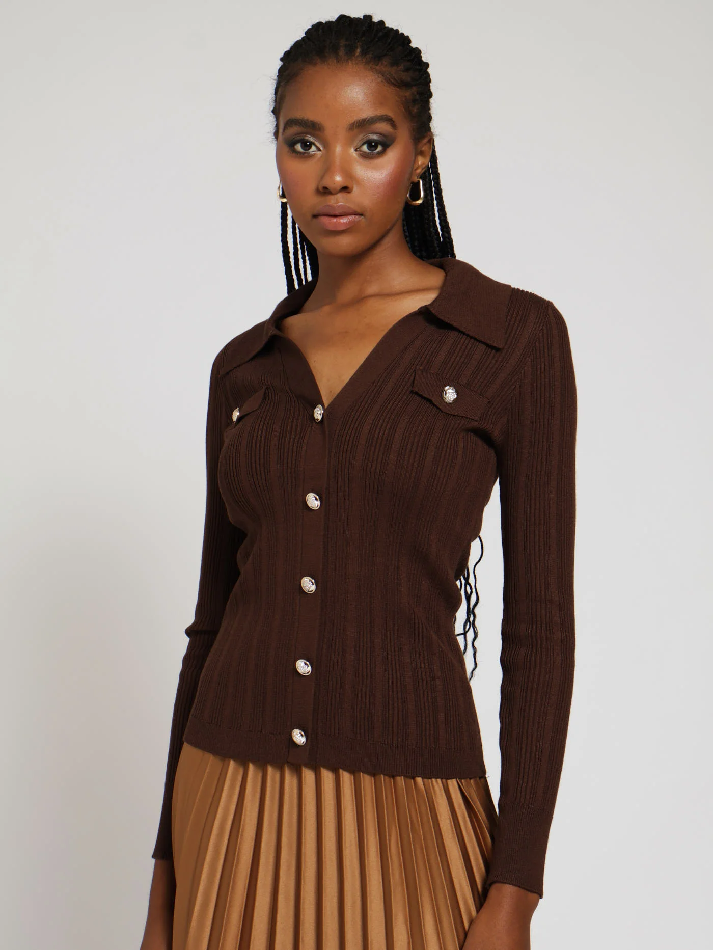 Collared Fancy Button Cardigan - Brown