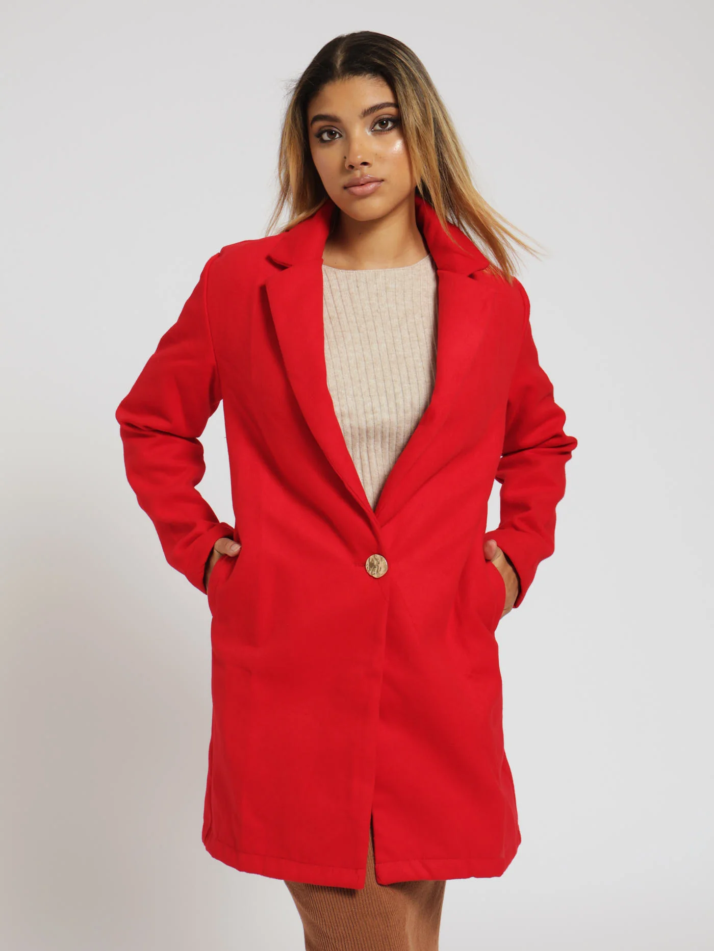 Collared Melton Basic Coat - Red