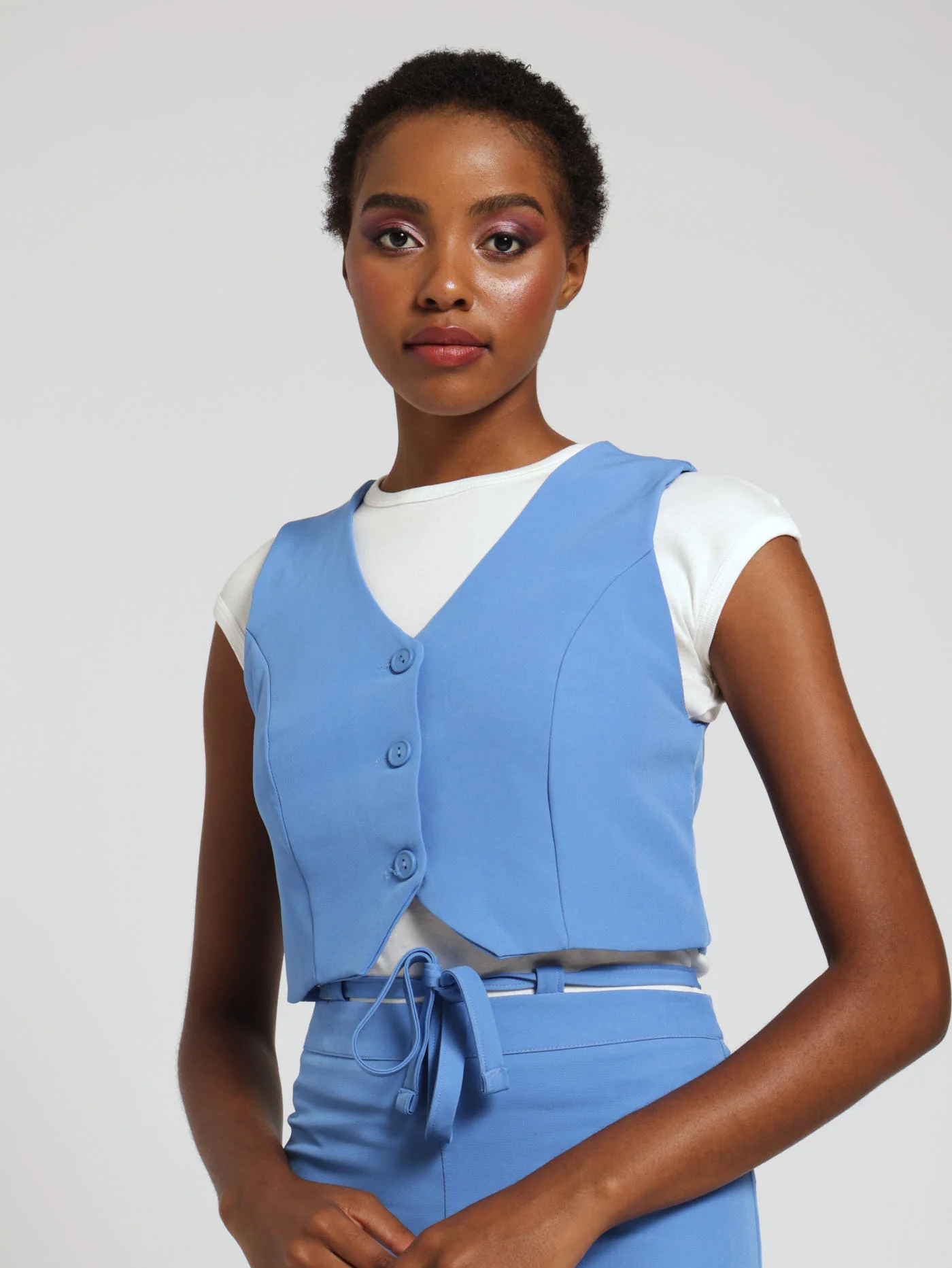 Collarless Panel Waistcoat - Blue