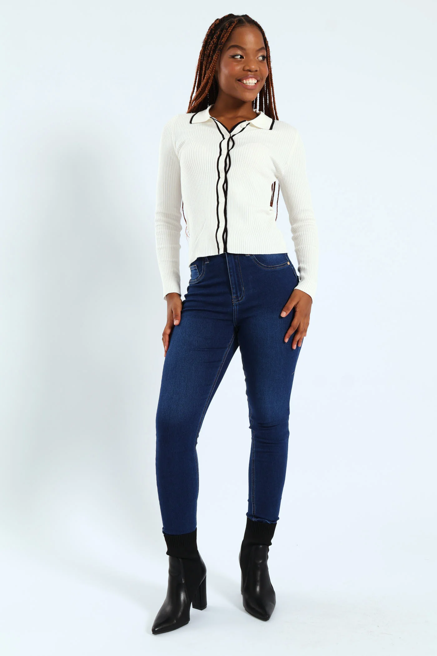 Colourblock Button Through Pullover - Cream - Image 3