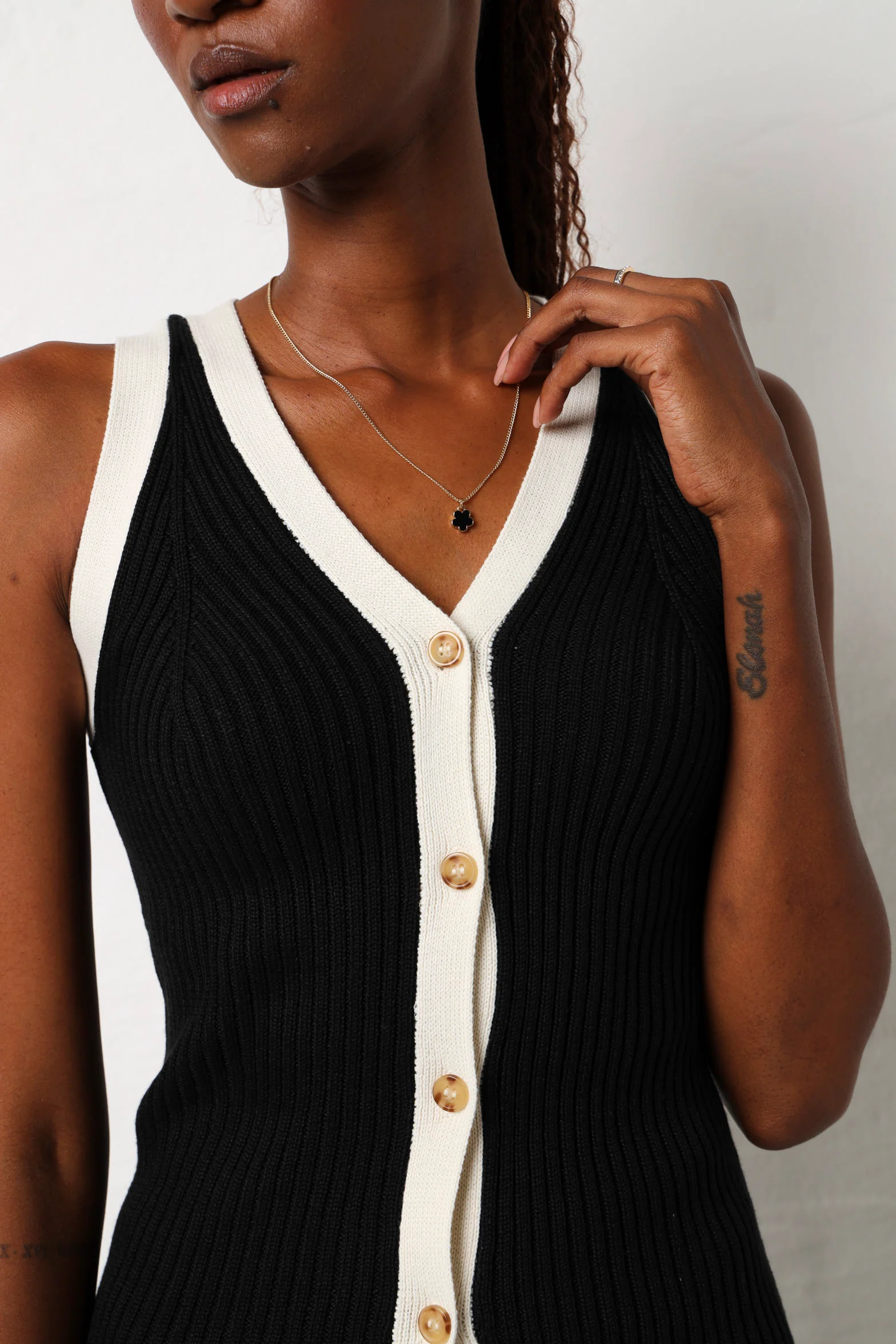 Contrast Binding Button Through Knitwear Top - Black/Cream