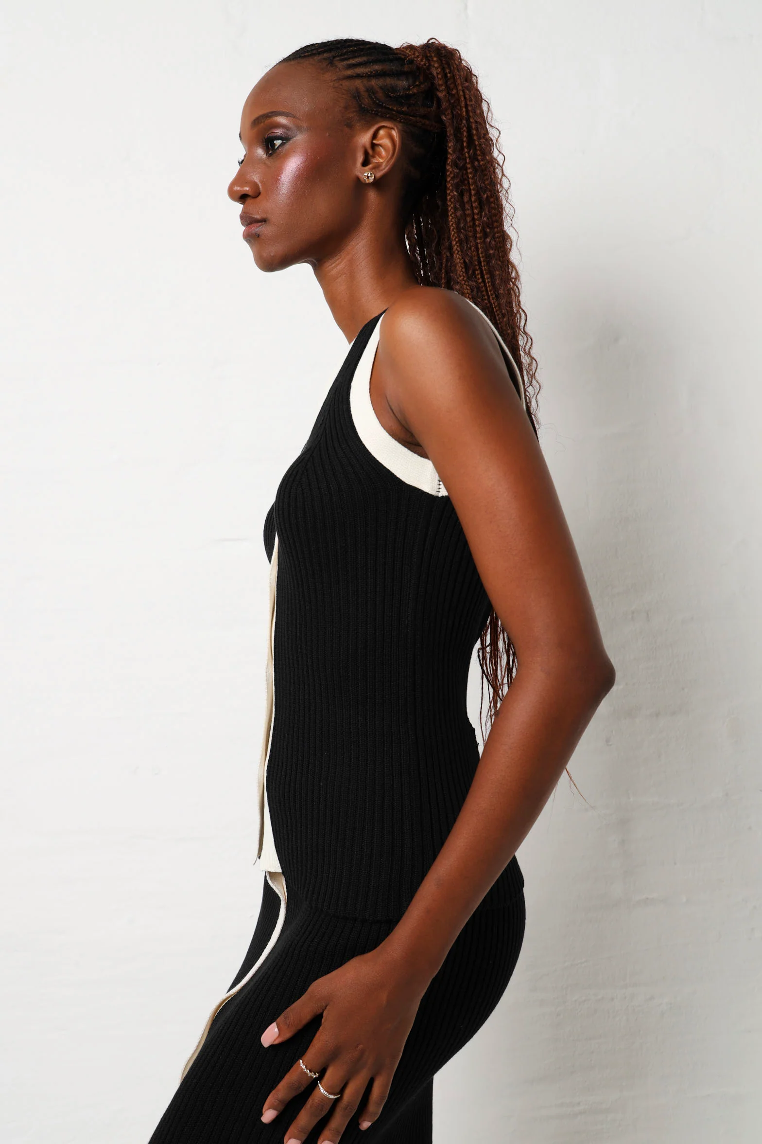 Contrast Binding Button Through Knitwear Top - Black/Cream - Image 5