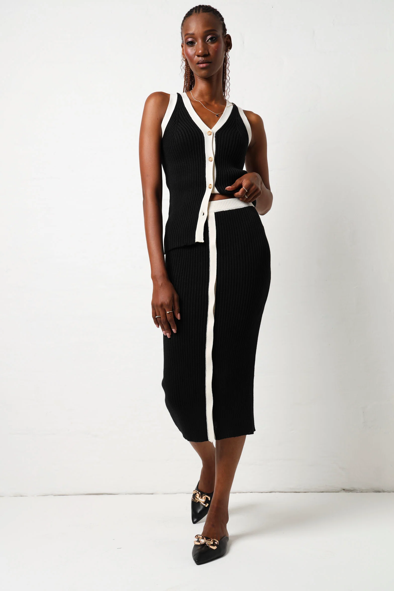 Contrast Binding Midi Skirt - Black/Cream - Image 2
