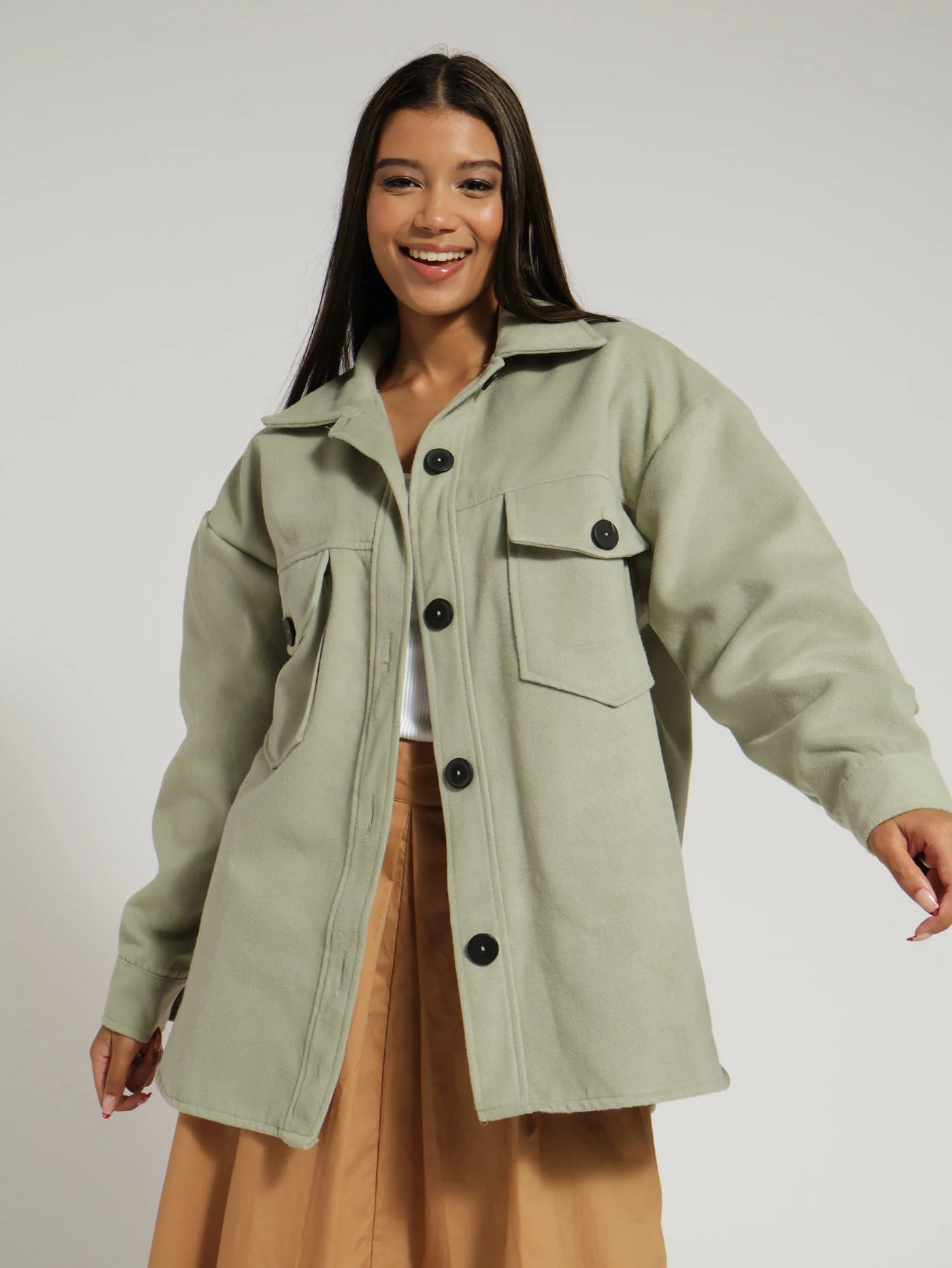 Contrast Button Shacket - Fatigue