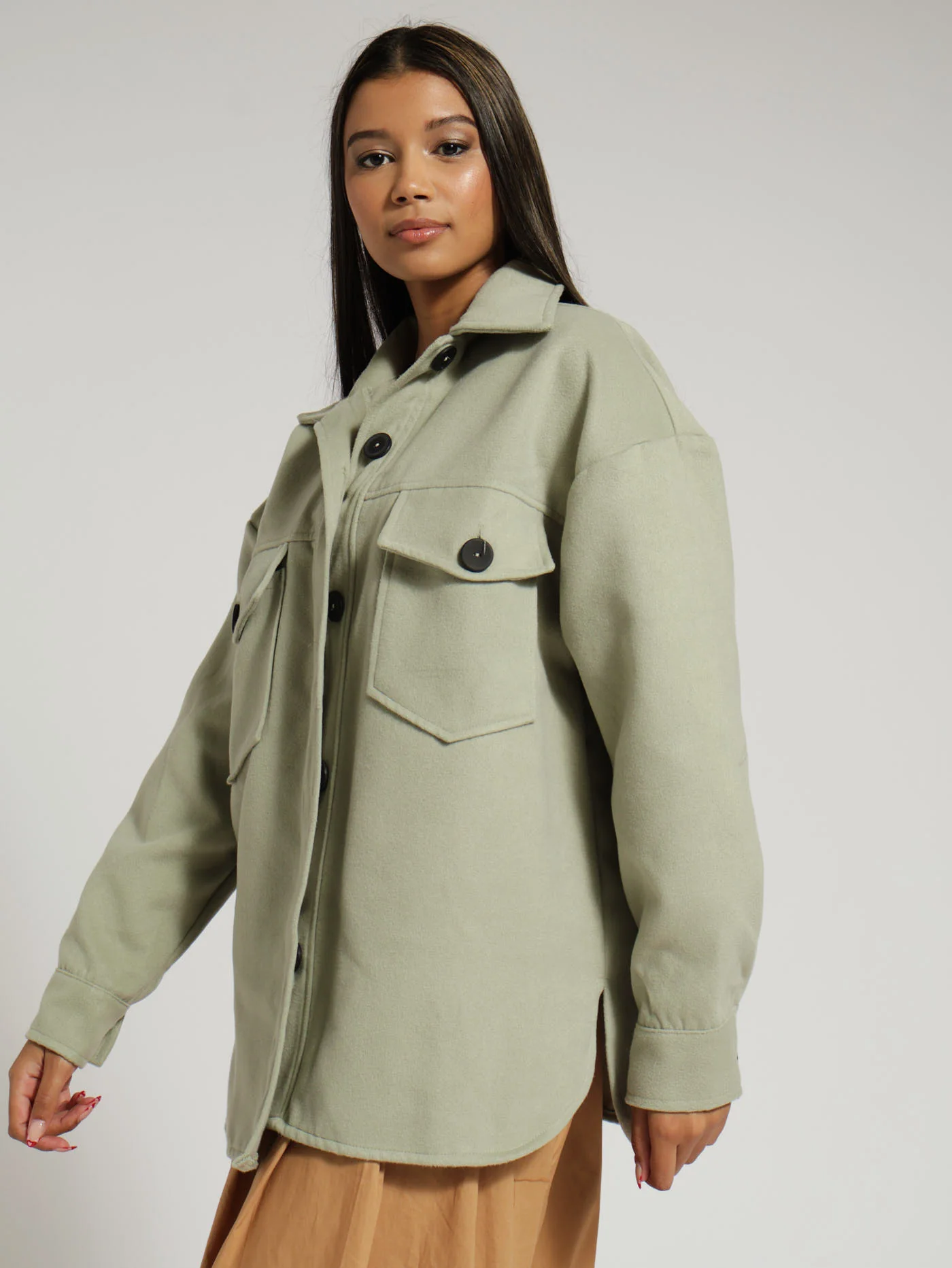 Contrast Button Shacket - Fatigue - Image 2