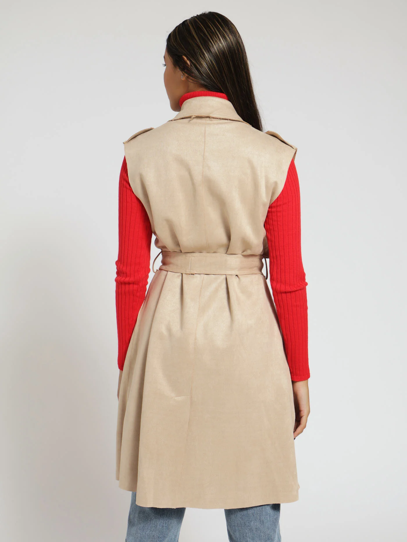 Contrast Button Suede Coat - Beige - Image 3