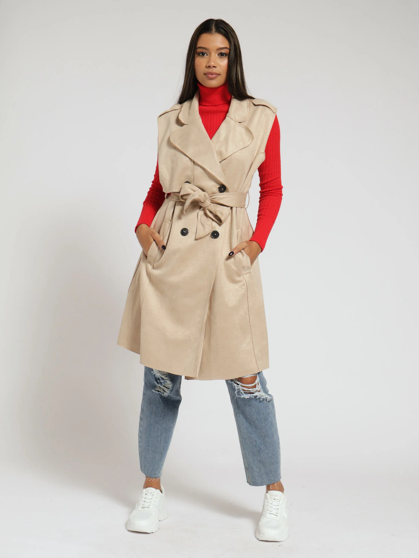 Contrast Button Suede Coat - Beige - Image 4