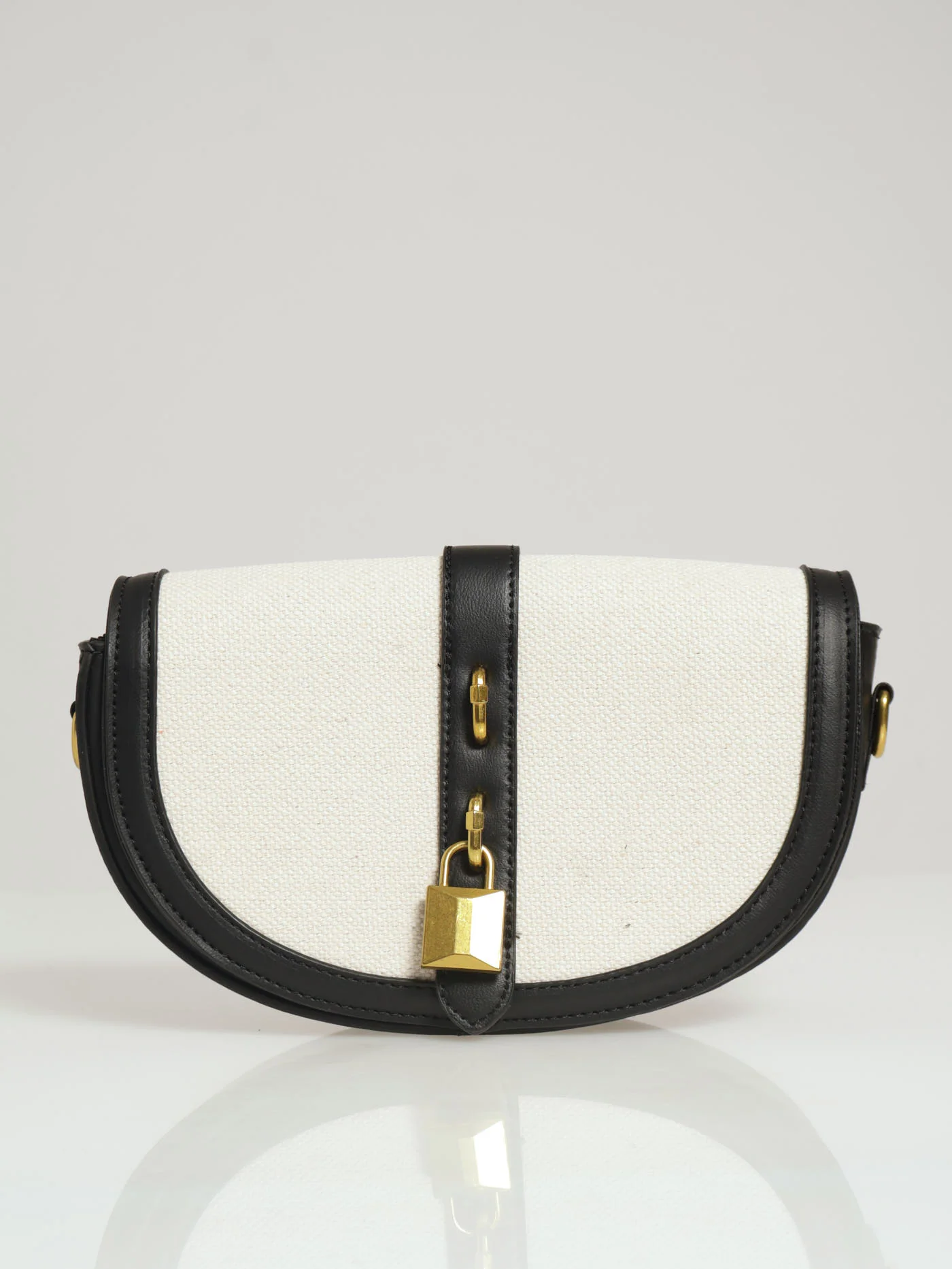 Contrast Crossbody Satchel With Lock - Natural