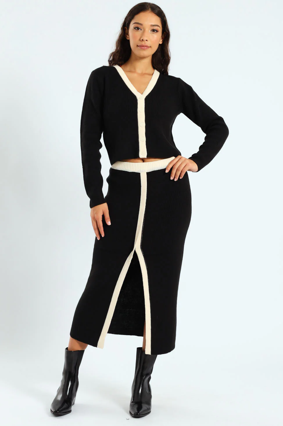 Contrast Knitwear Midi Skirt - Black/Cream - Image 2
