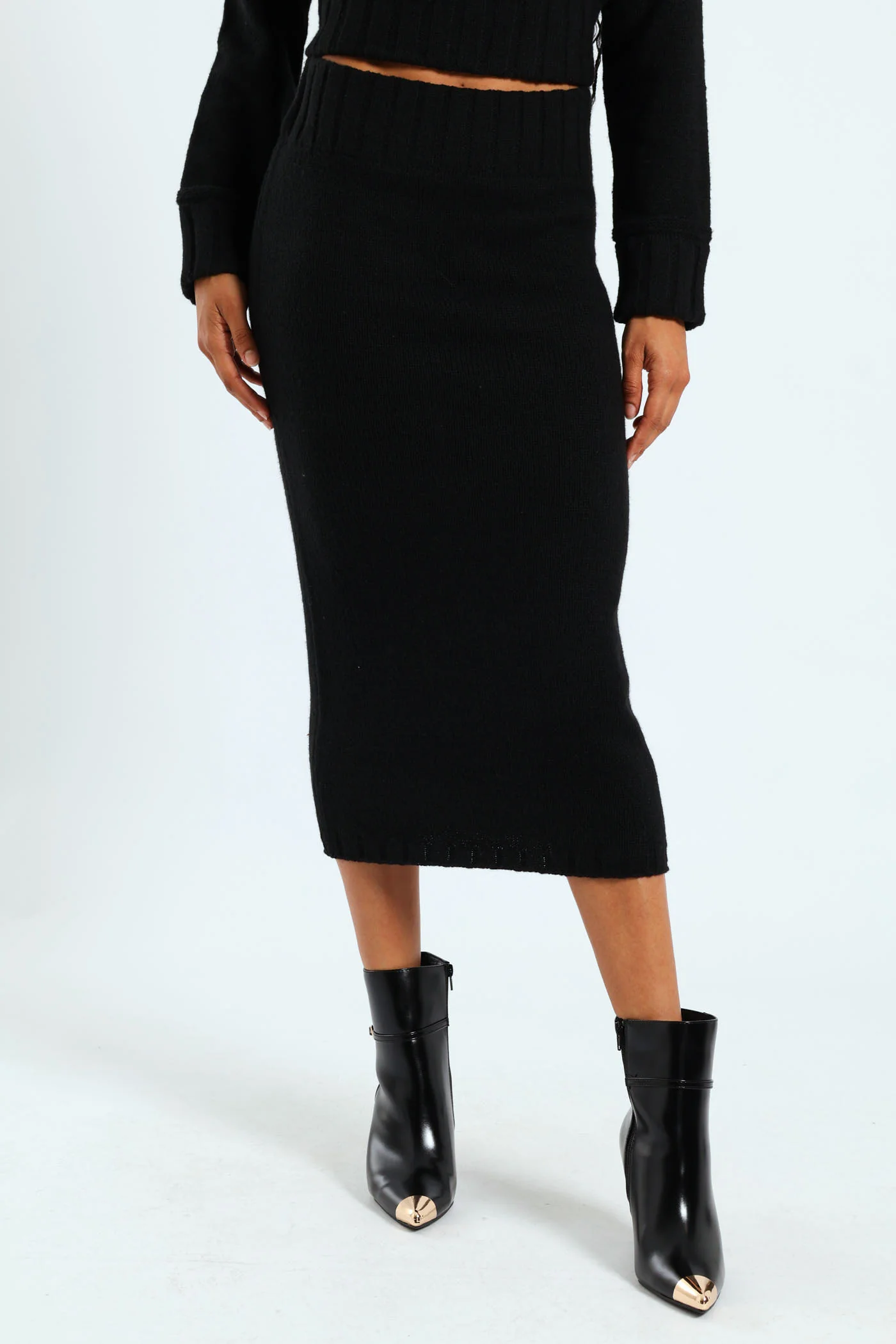Contrast Ribb Knitwear Midi Skirt - Black