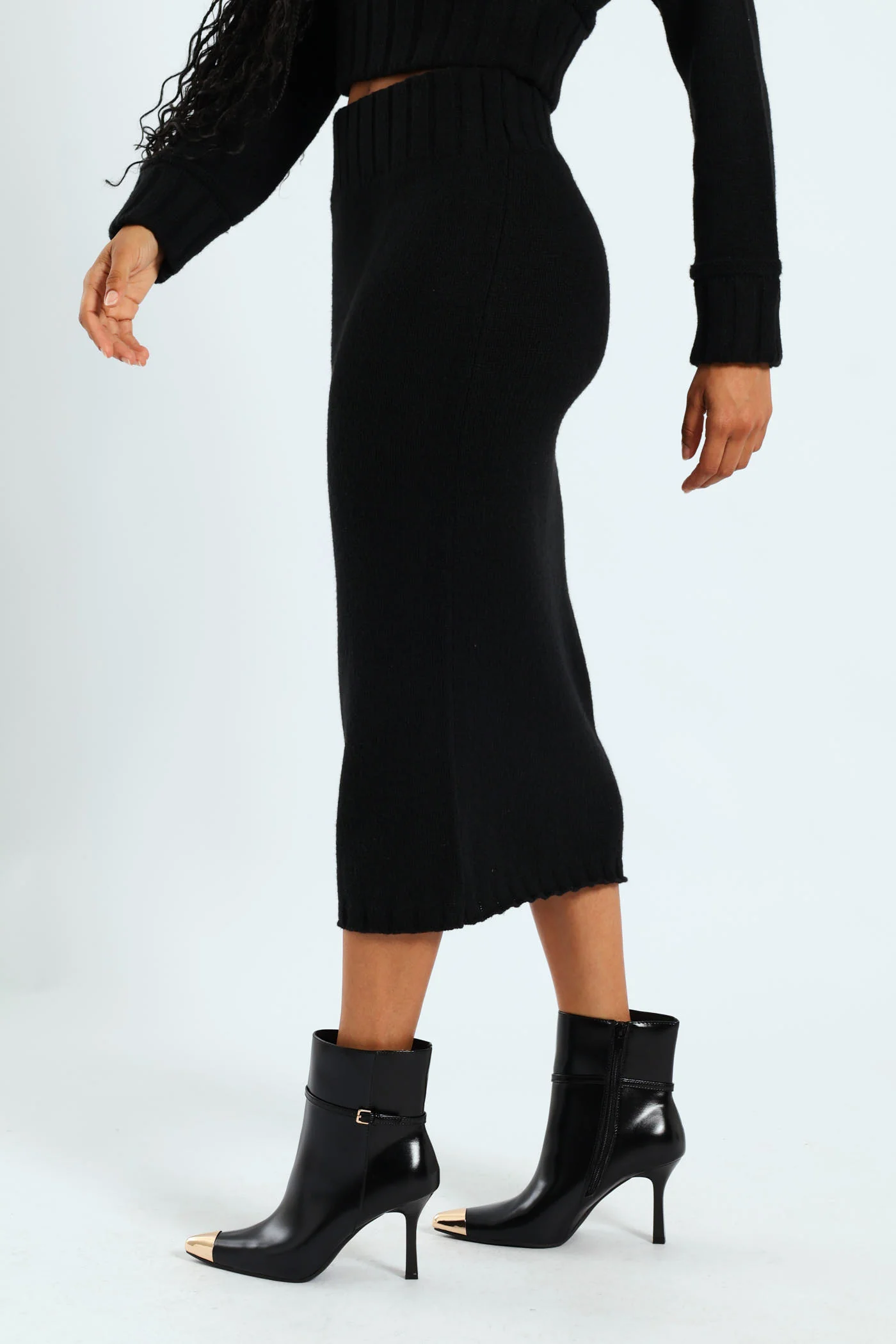 Contrast Ribb Knitwear Midi Skirt - Black - Image 3