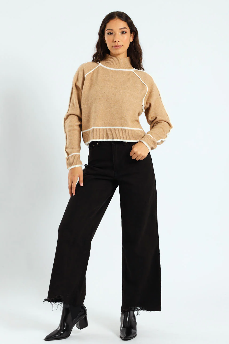 Contrast Seam Turtleneck - Beige - Image 2