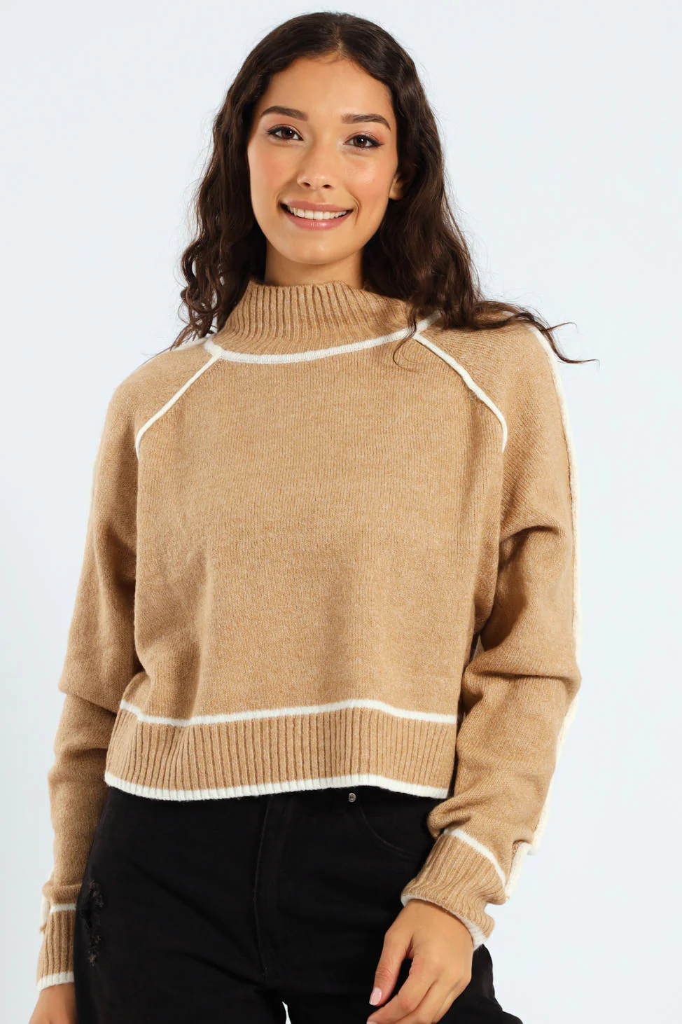 Contrast Seam Turtleneck - Beige - Image 3