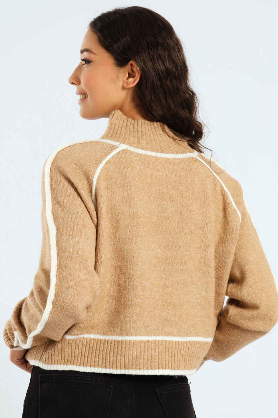 Contrast Seam Turtleneck - Beige - Image 4