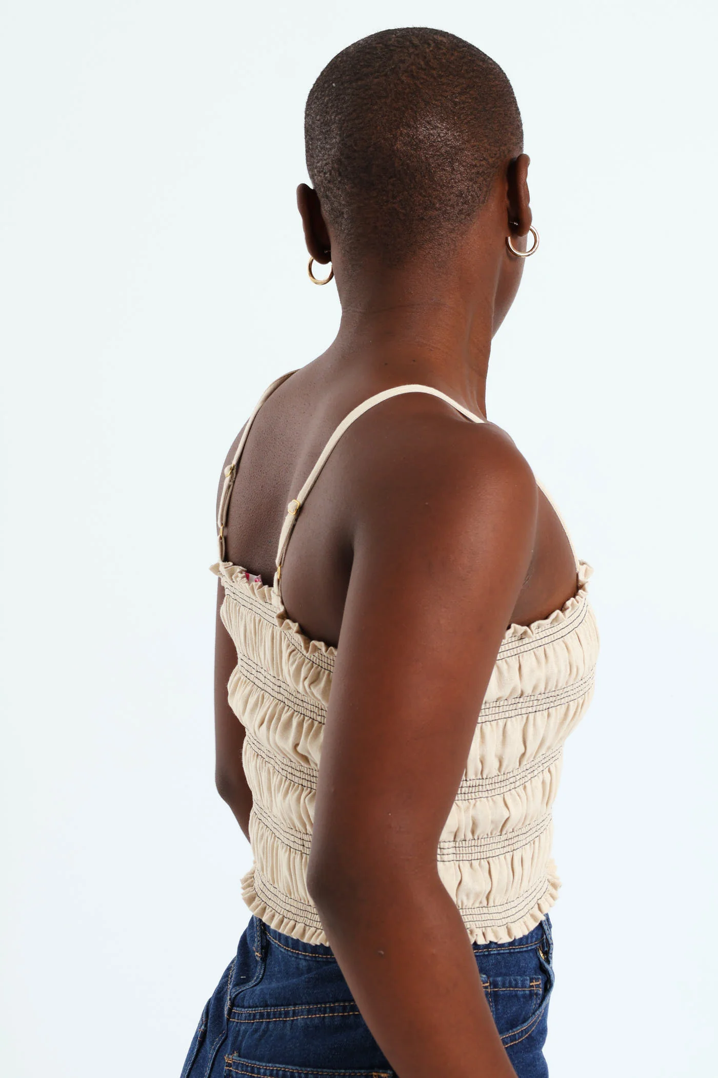 Contrast Shirred Linen Cami Top - Oatmeal - Image 3