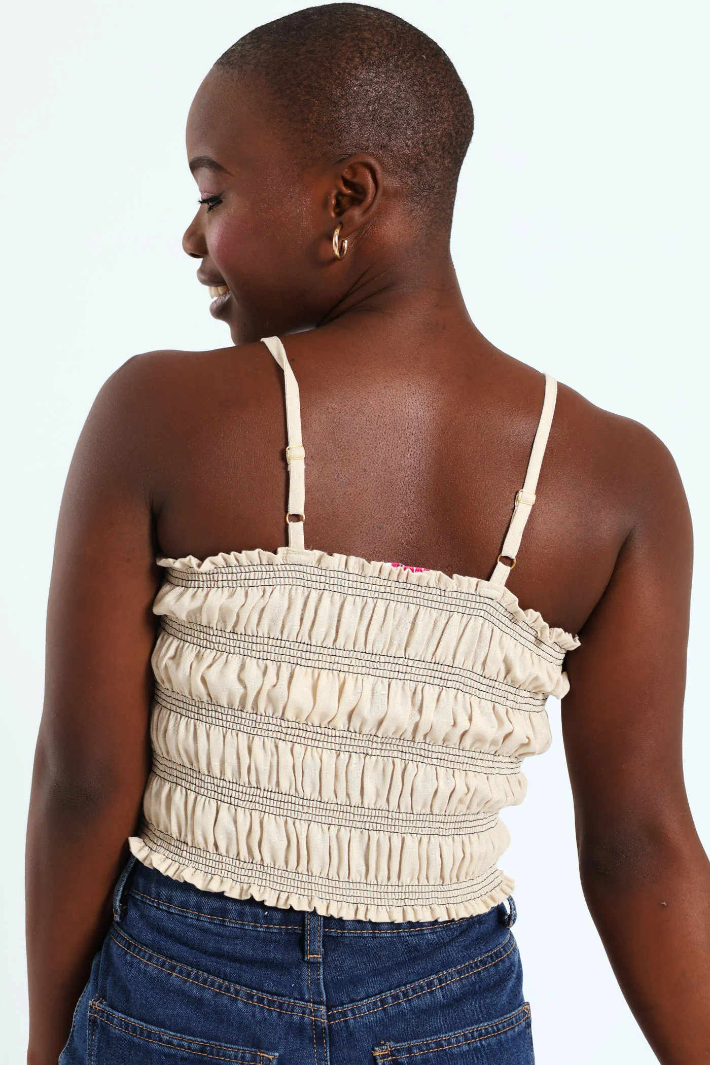 Contrast Shirred Linen Cami Top - Oatmeal - Image 4