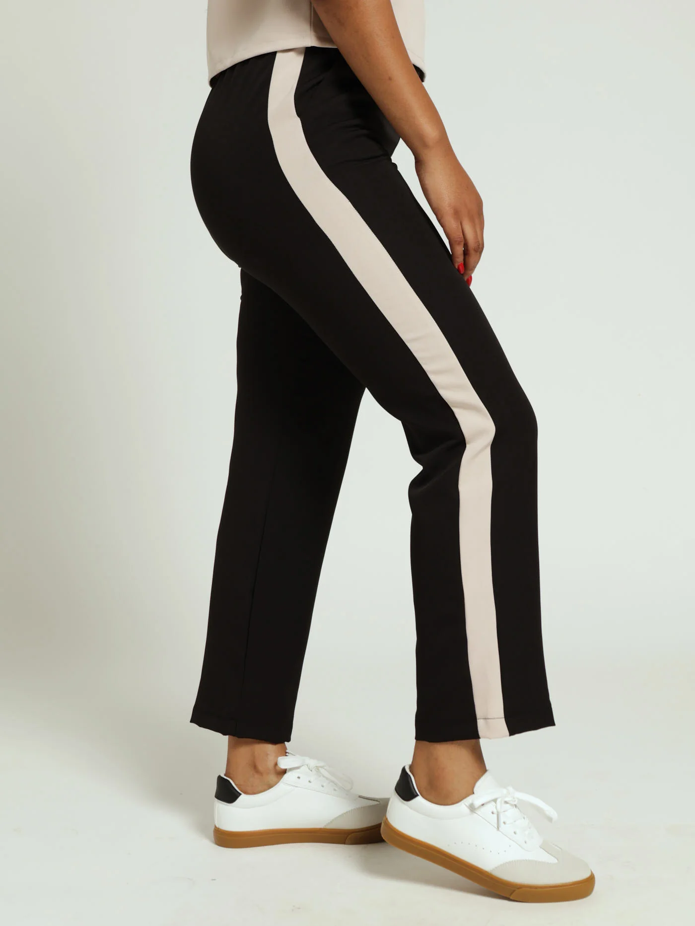 Contrast Side Stripe Barbie Slim Leg Pants - Black/Beige