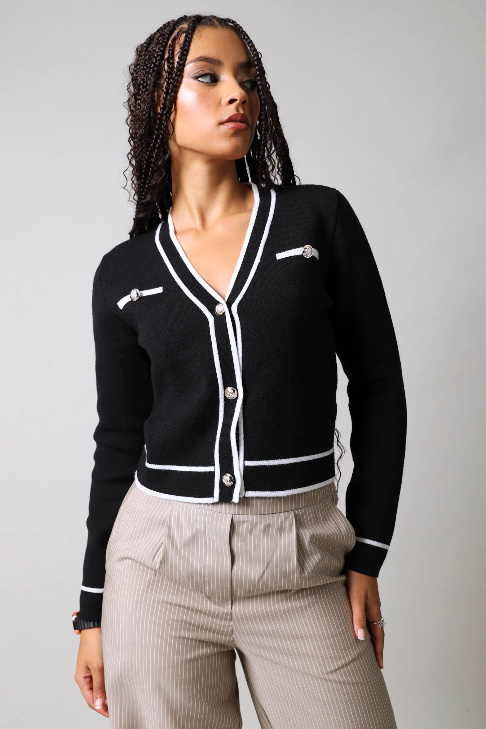 Contrast Tipping Cardigan - Black/White - Image 2