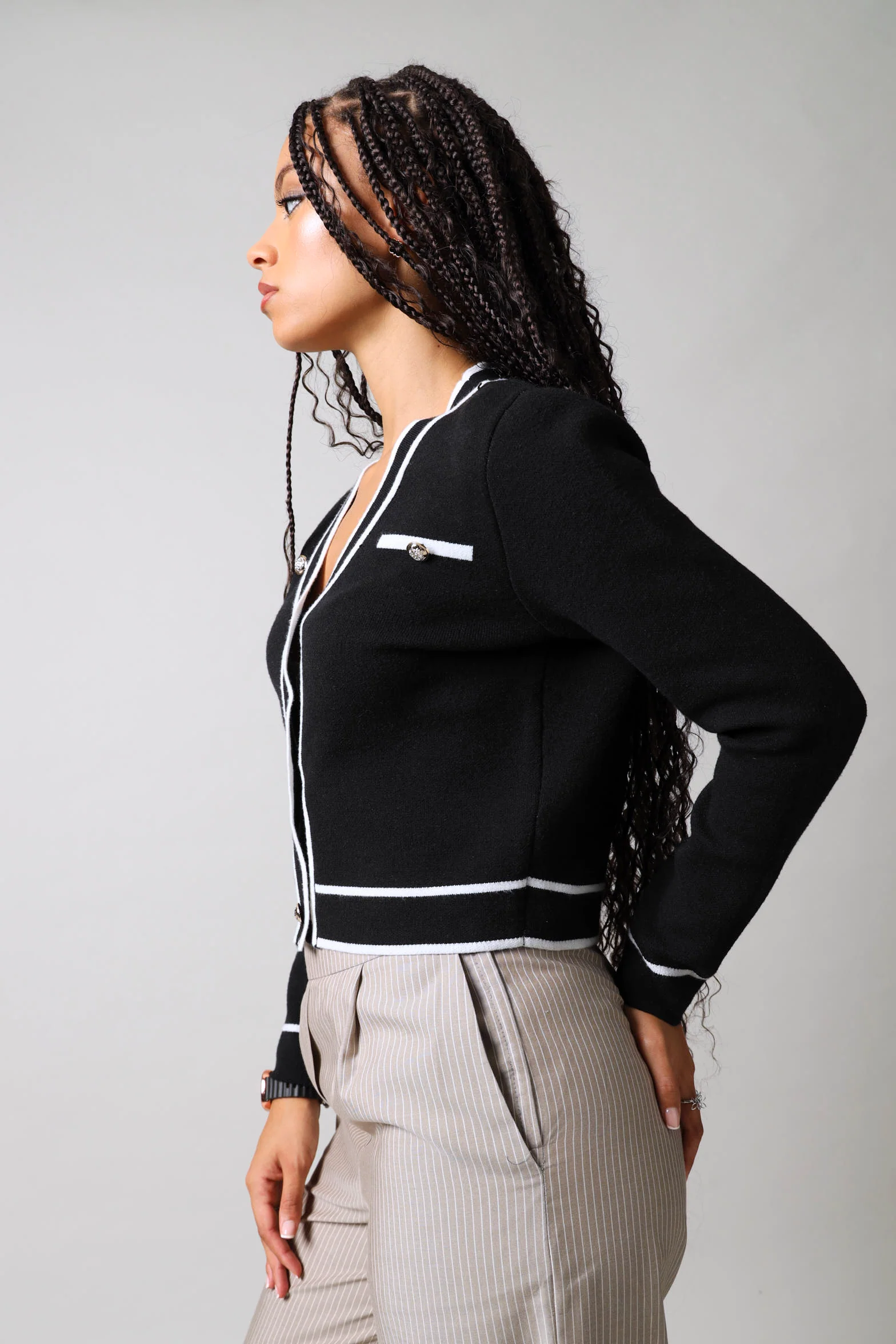 Contrast Tipping Cardigan - Black/White - Image 3