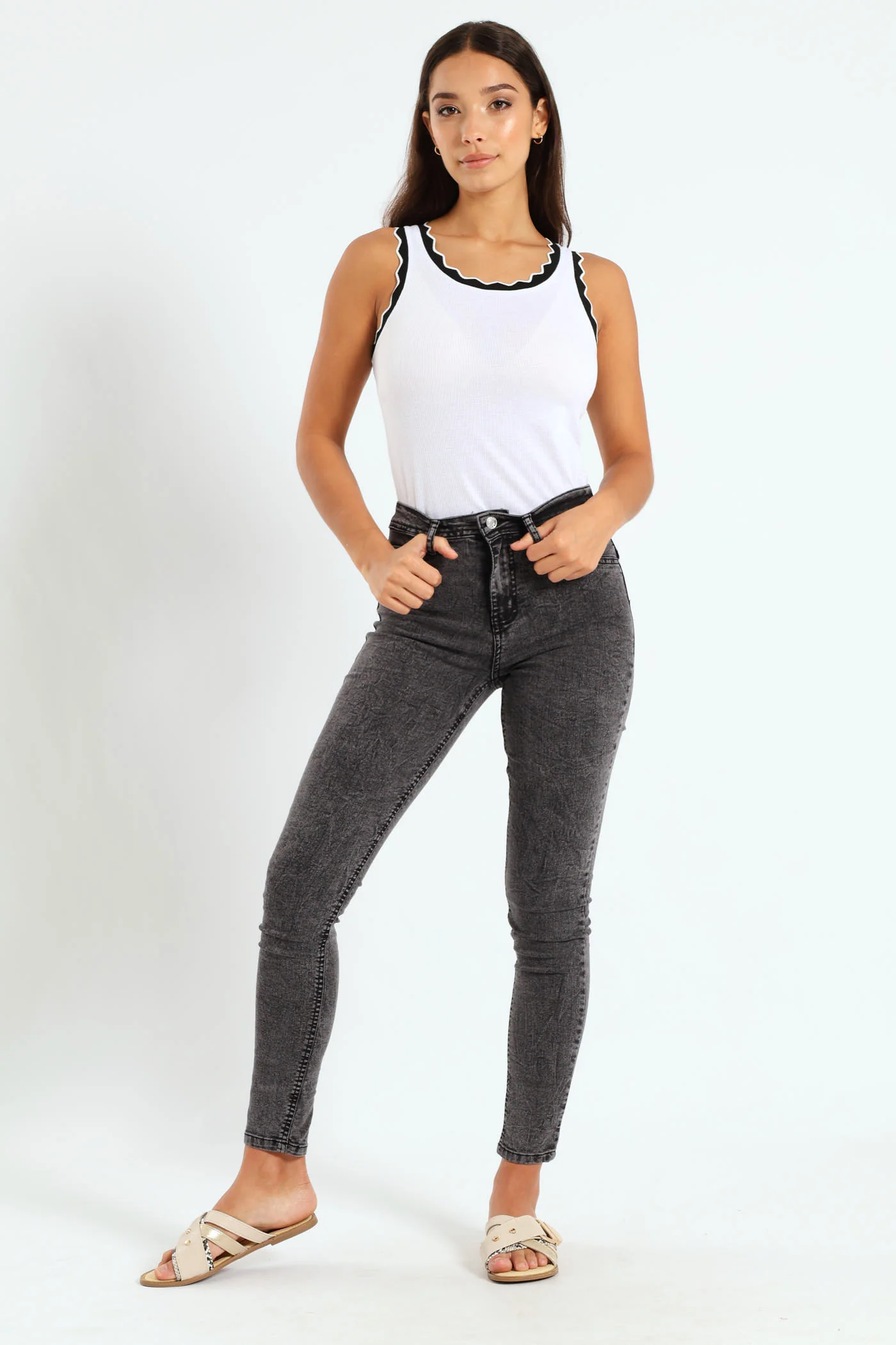Contrast Trim Detail Ribb Top - White - Image 5