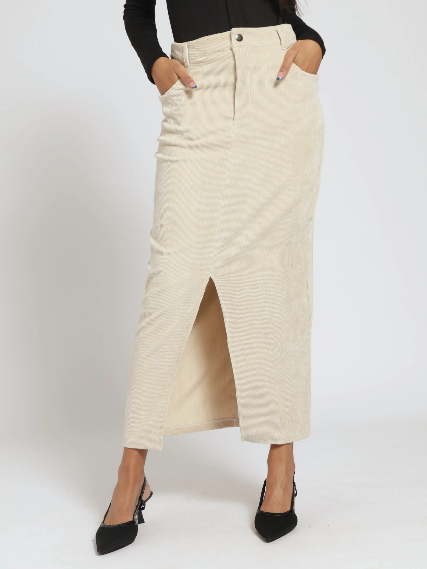 Corduroy Midi Skirt - Beige