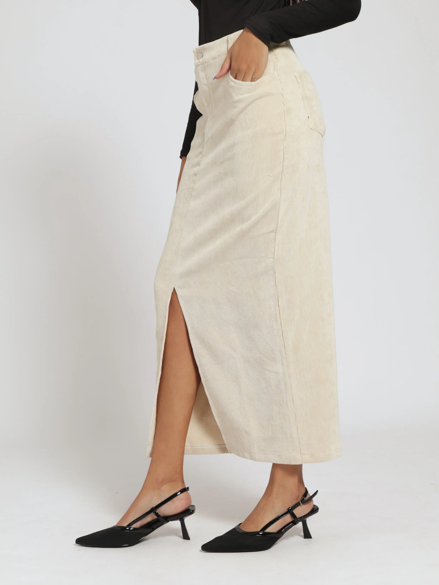 Corduroy Midi Skirt - Beige - Image 2