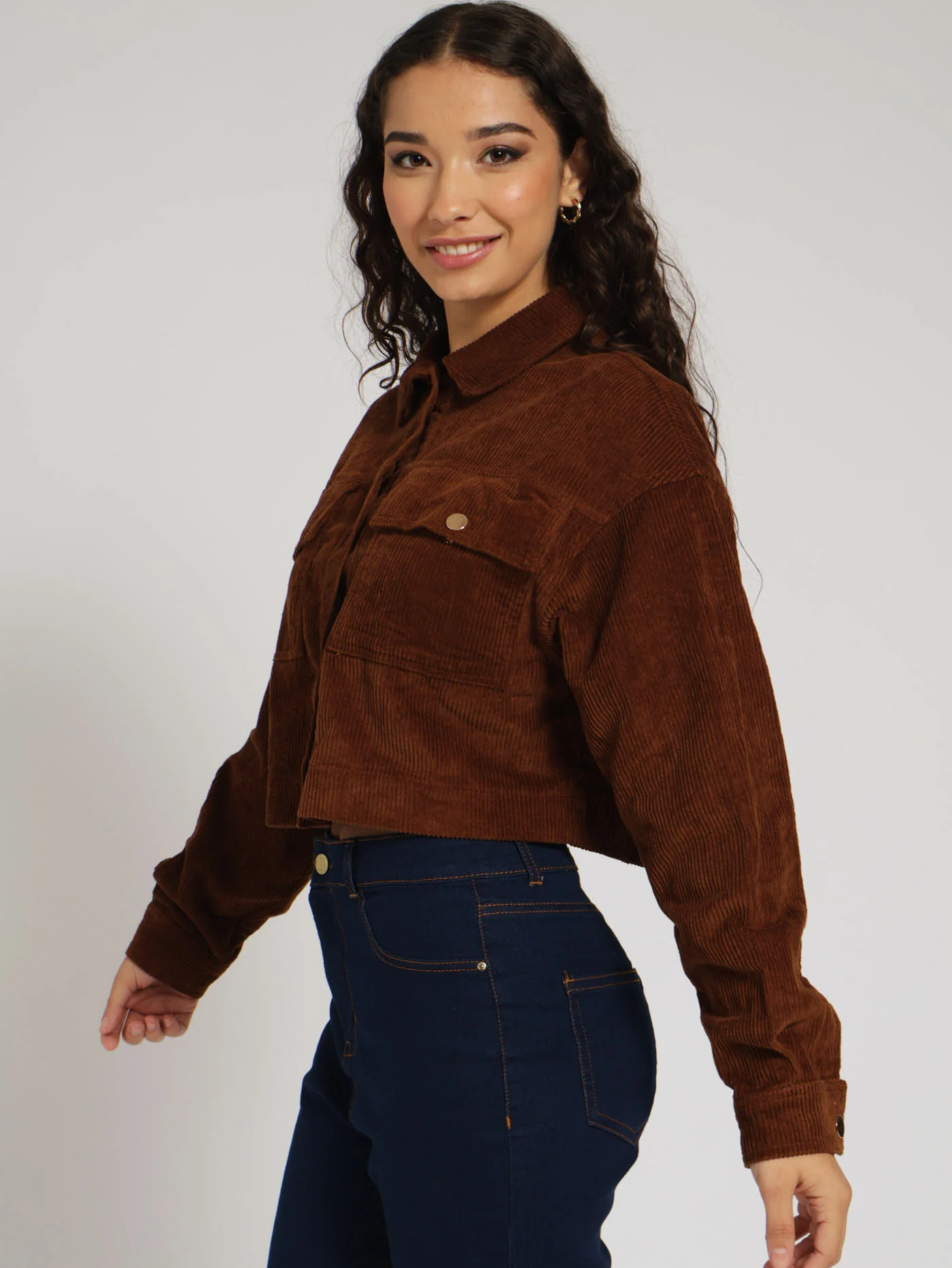 Corduroy Shacket With Gold Trims - Brown - Image 2