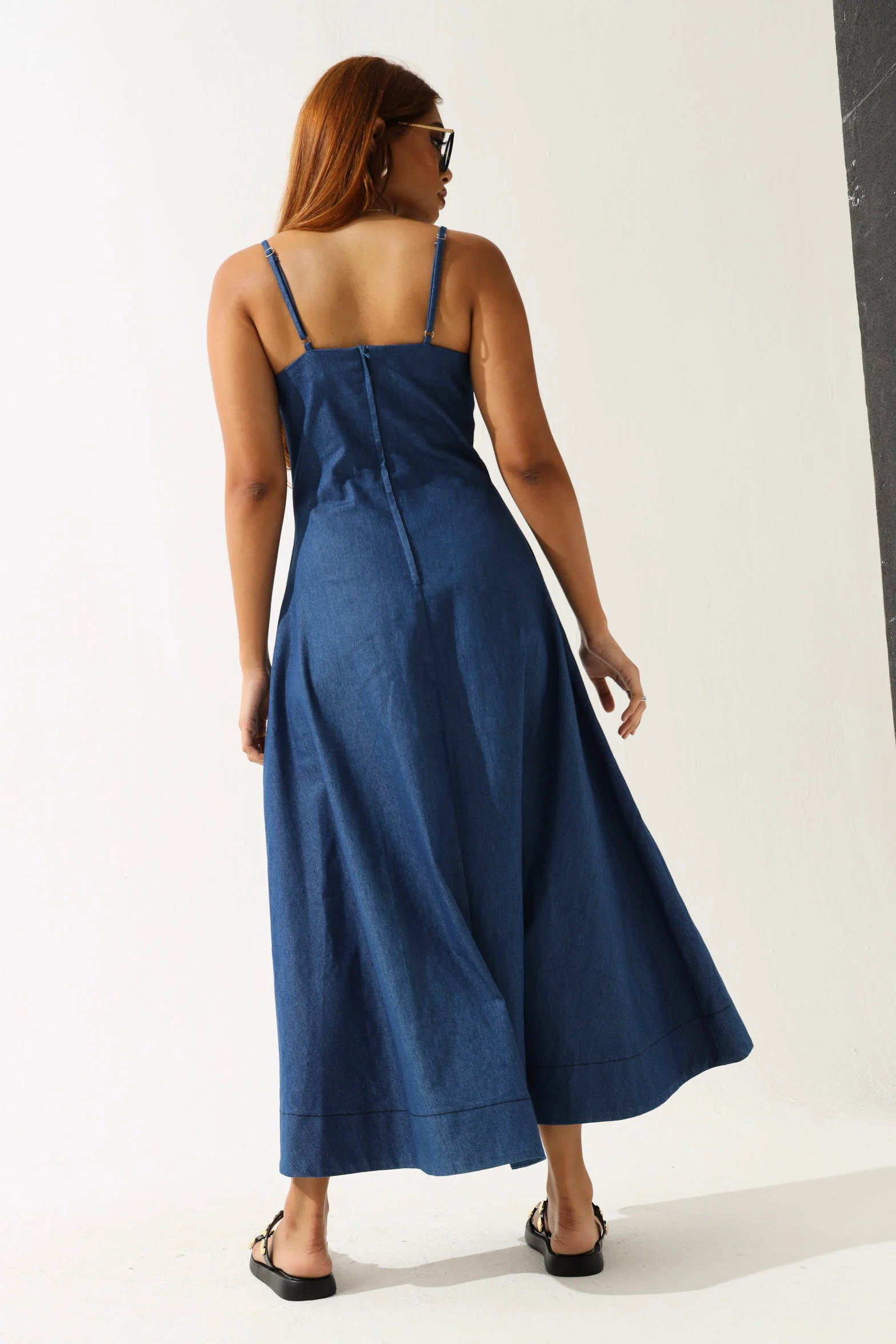 Corset Flare Denim Midi Dress - Dark Wash - Image 3