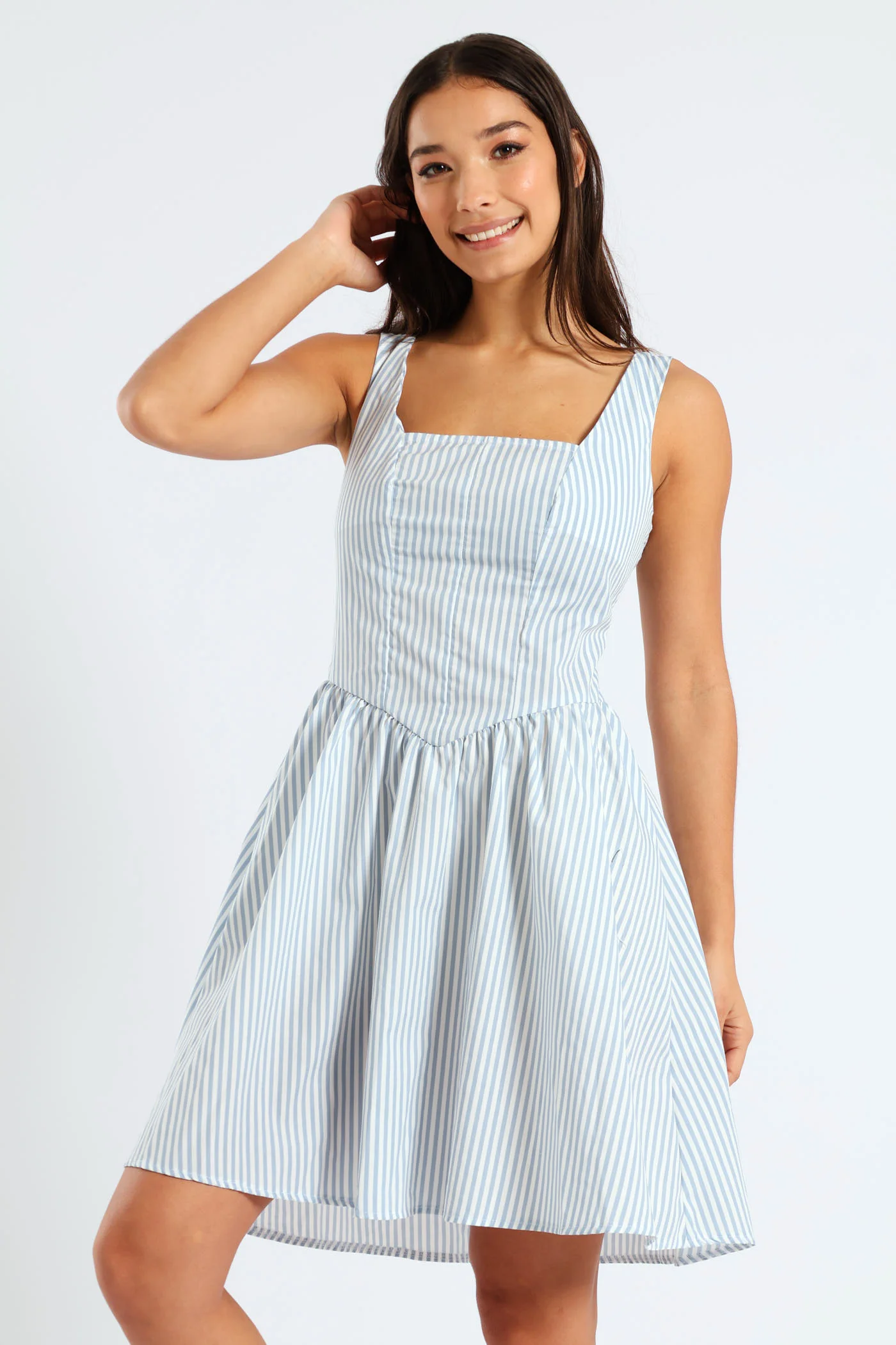 Corset Look Stripe Poplin Mini Dress - White/Blue