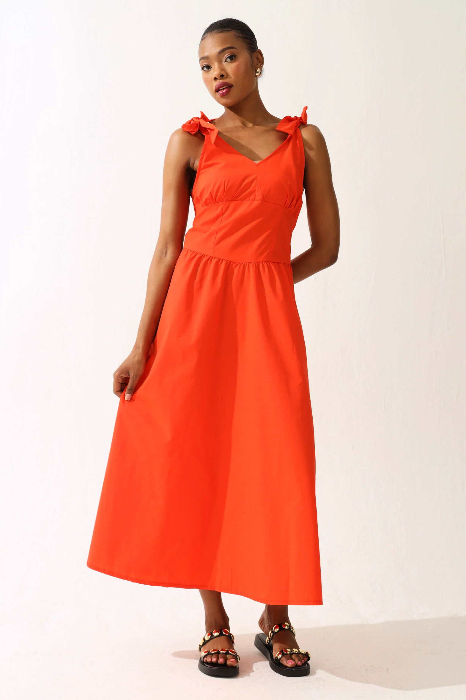 Corset Waist Poplin Maxi Dress - Tangerine