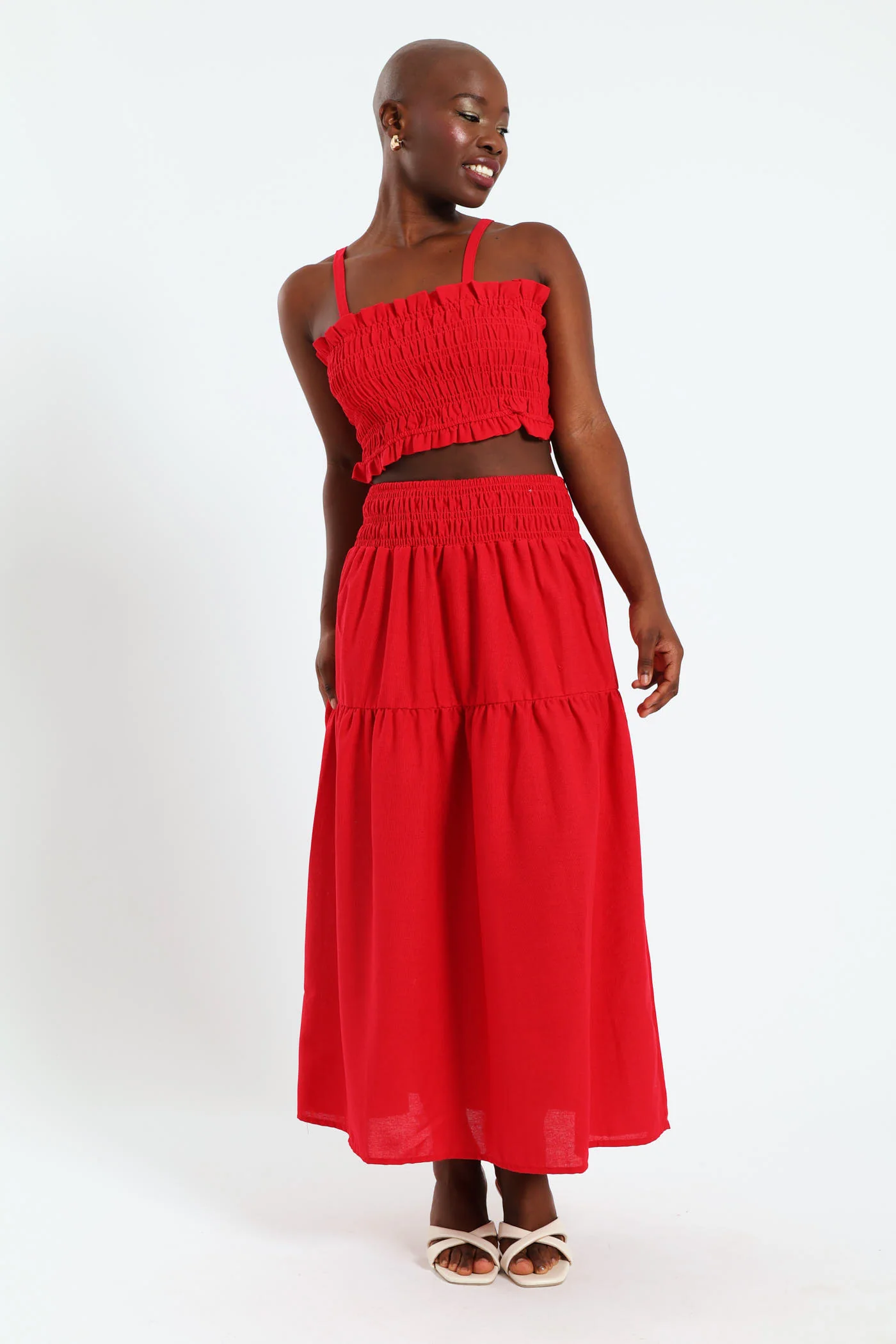 Cotton Tiered Midi Skirt - Red - Image 2