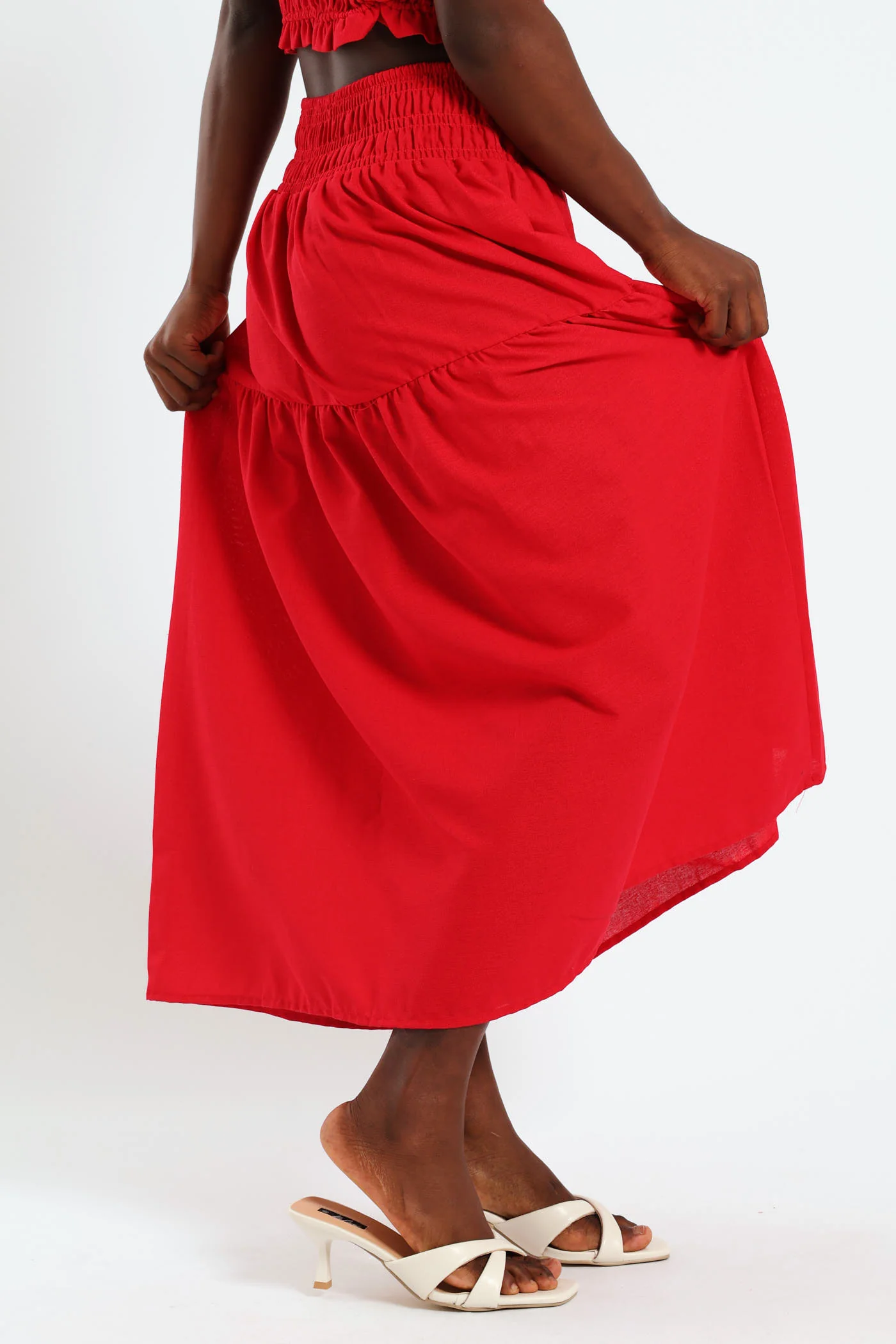 Cotton Tiered Midi Skirt - Red - Image 3