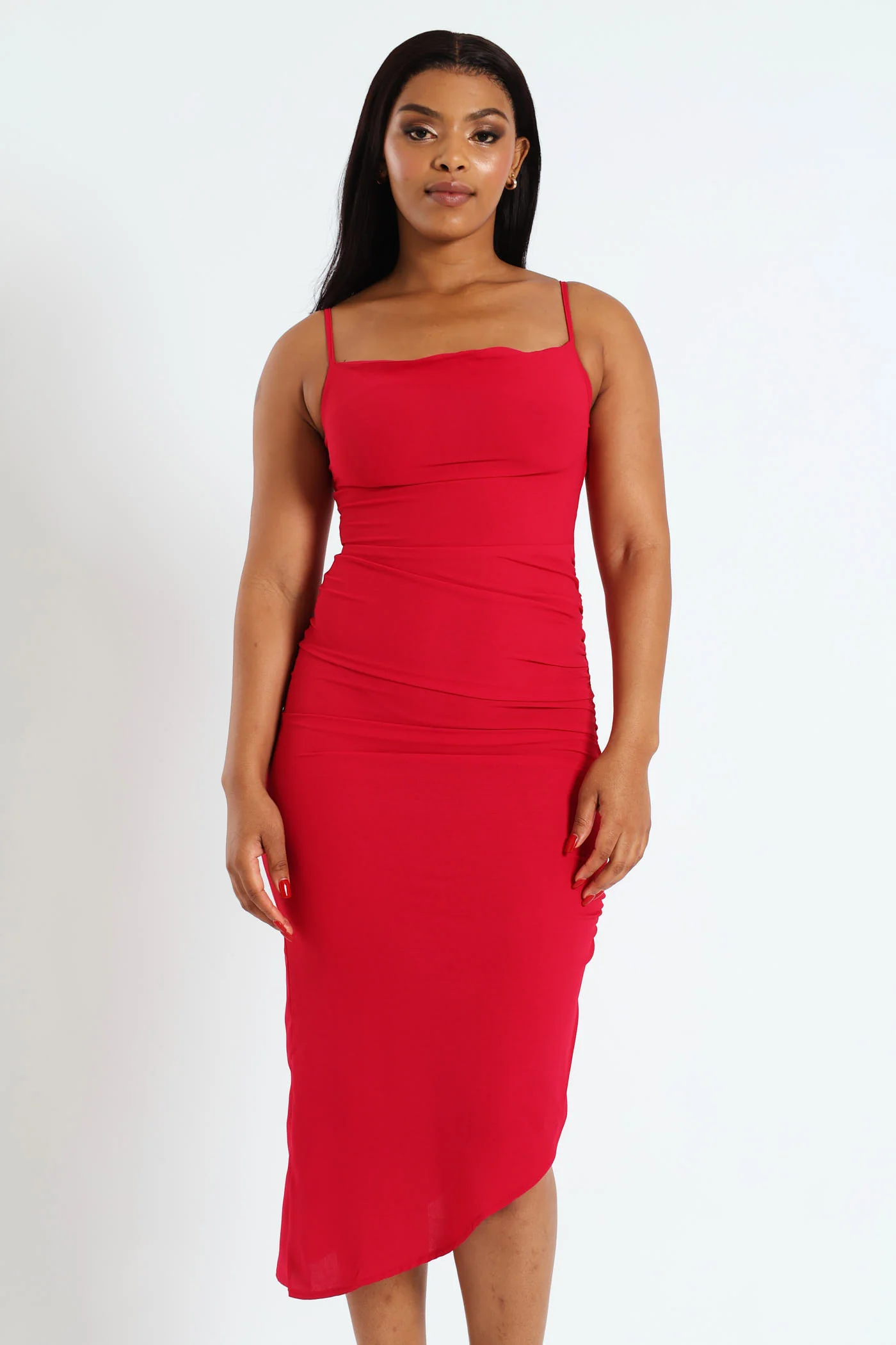 Cowl Neck Asymmetrical Hem Slip Dress - Cerise