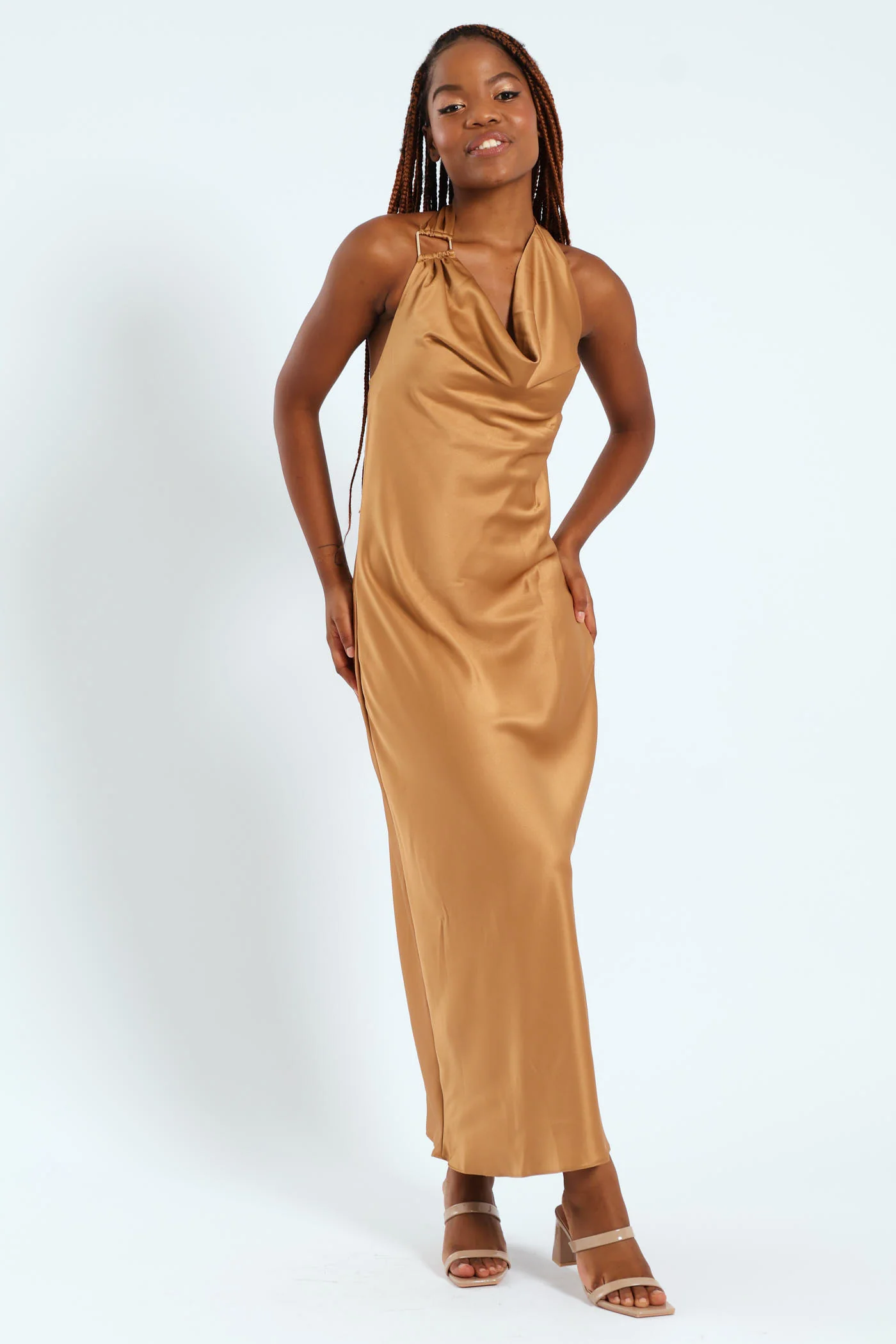 Cowl Trim Detail Satin Dress - Tobacco