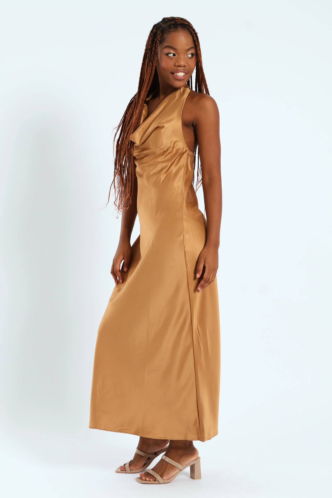 Cowl Trim Detail Satin Dress - Tobacco - Image 2